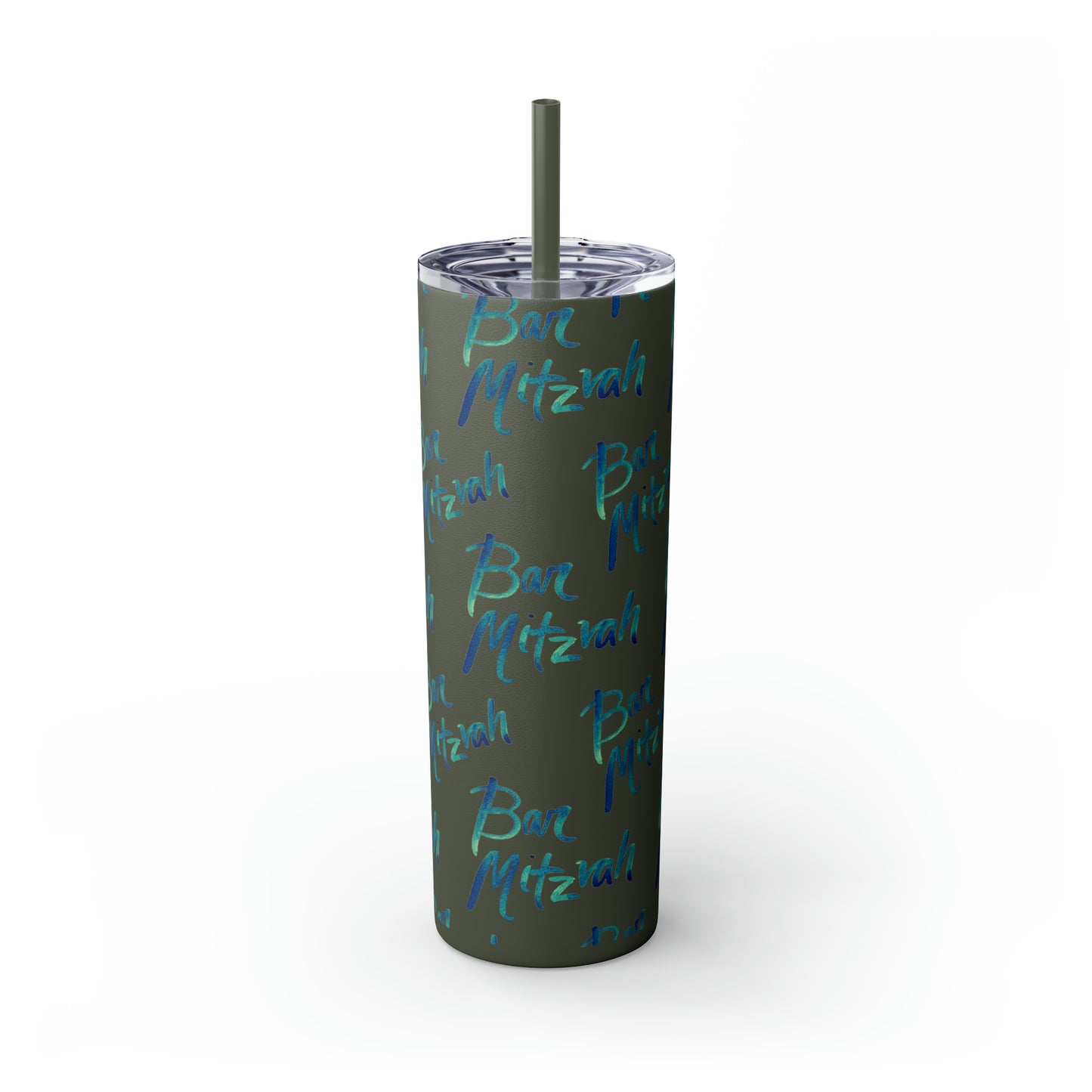 Ben Turquoise & Green Ombre Bar Mitzvah Pattern Skinny Tumbler with Straw, 20oz