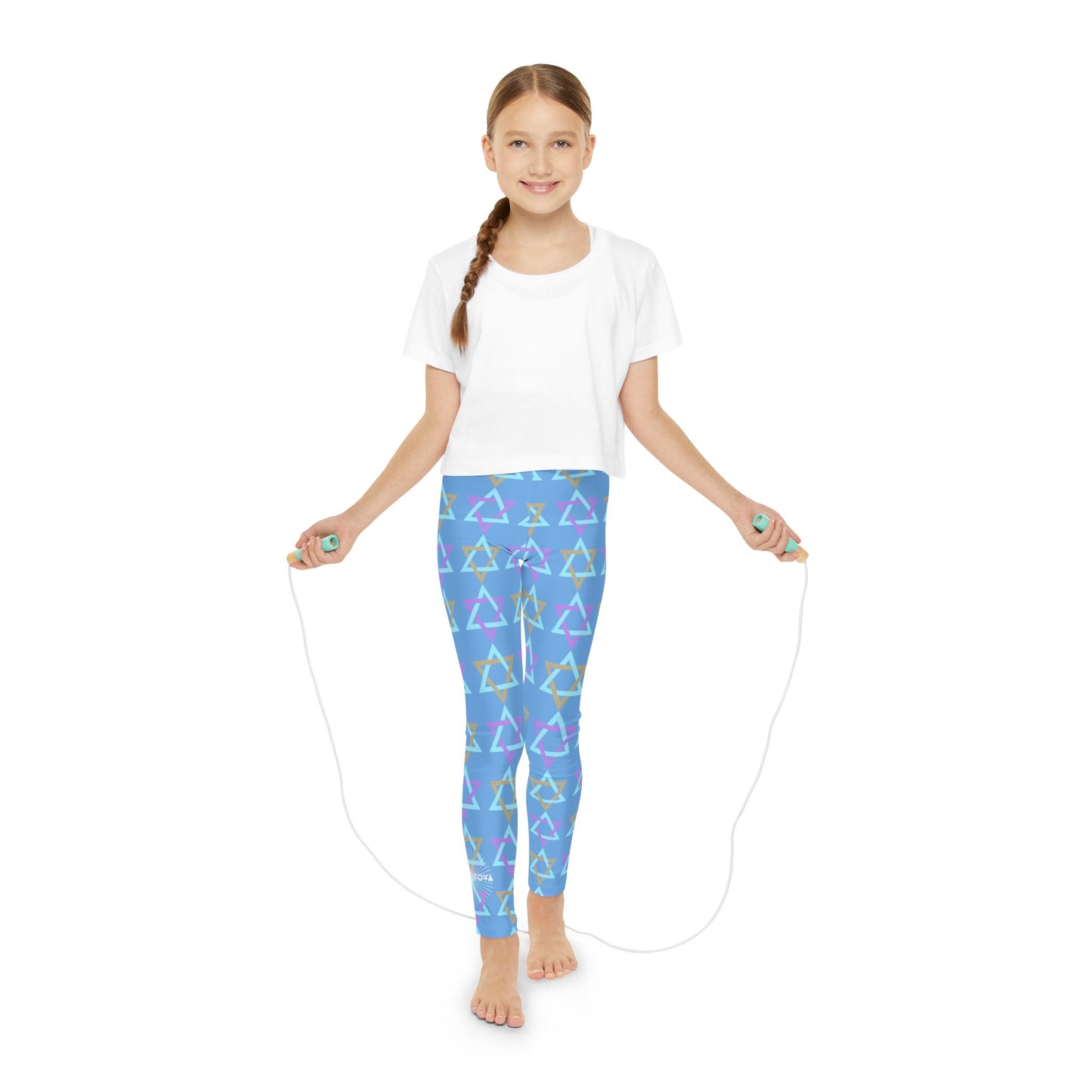 David Beige, Purple, & Light Blue Magan David Pattern on Blue Youth Full-Length Leggings