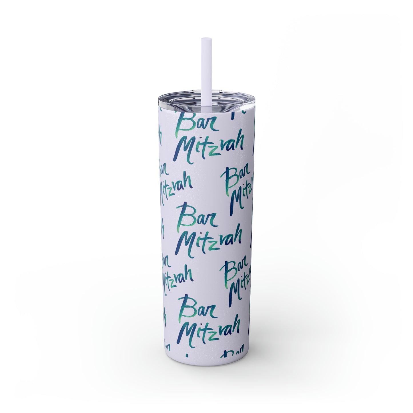 Ben Turquoise & Green Ombre Bar Mitzvah Pattern Skinny Tumbler with Straw, 20oz