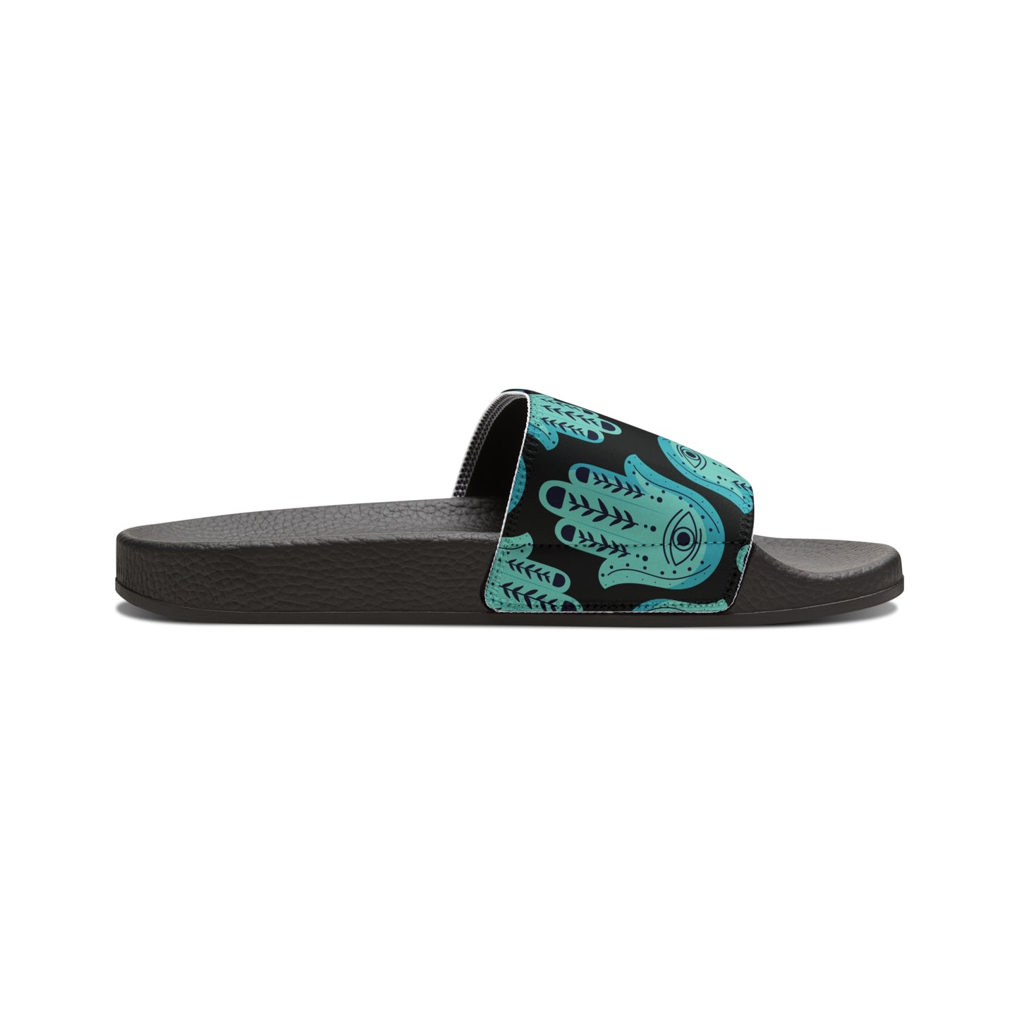 Hannah Bright Turquoise Hamsa Pattern on Black Youth PU Slide Sandals