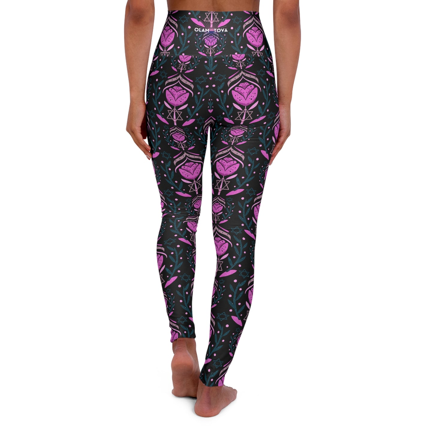 Jenna Pink Pattern on Black High Waisted Yoga Leggings