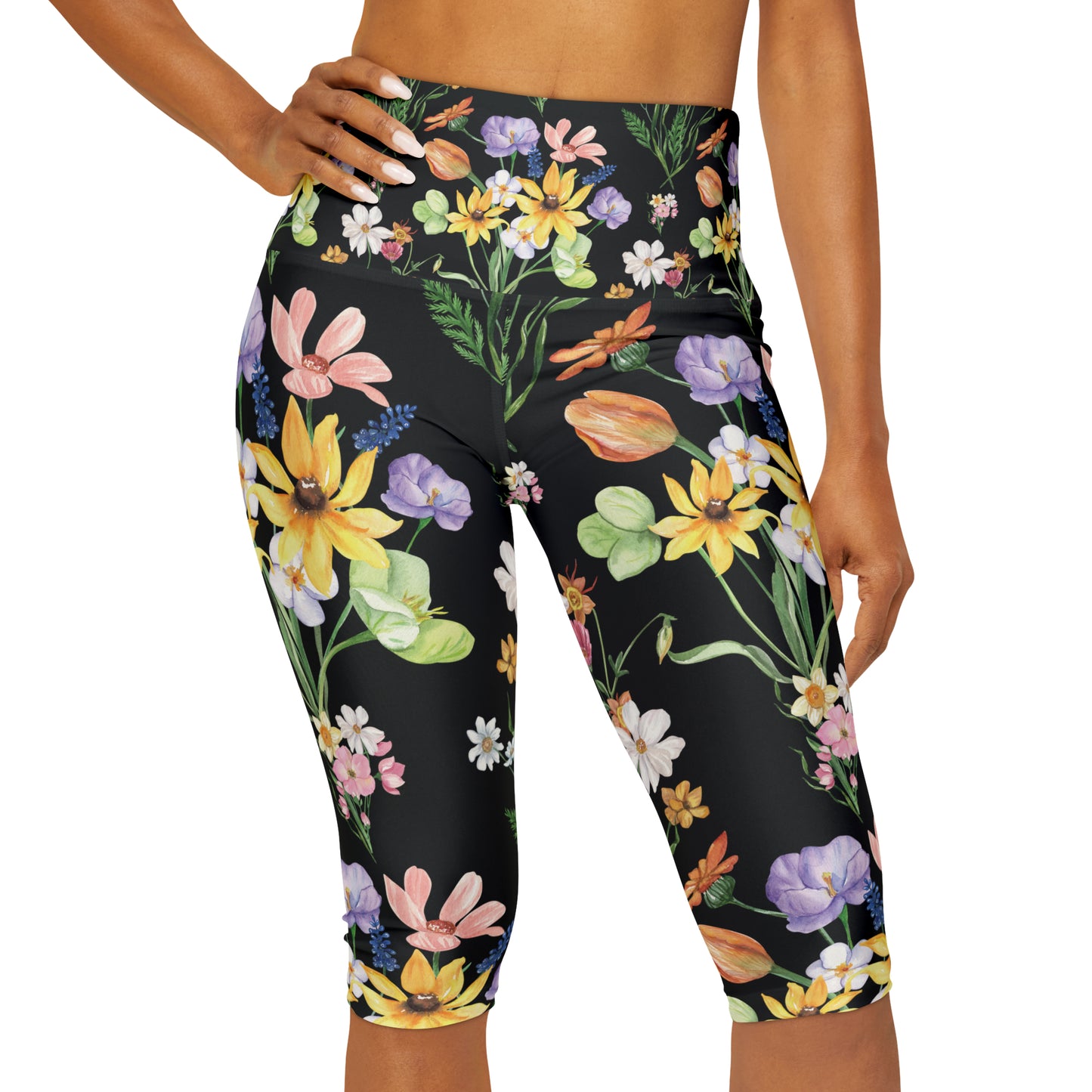 Yvonne Floral Pattern on Black Yoga Capri Leggings