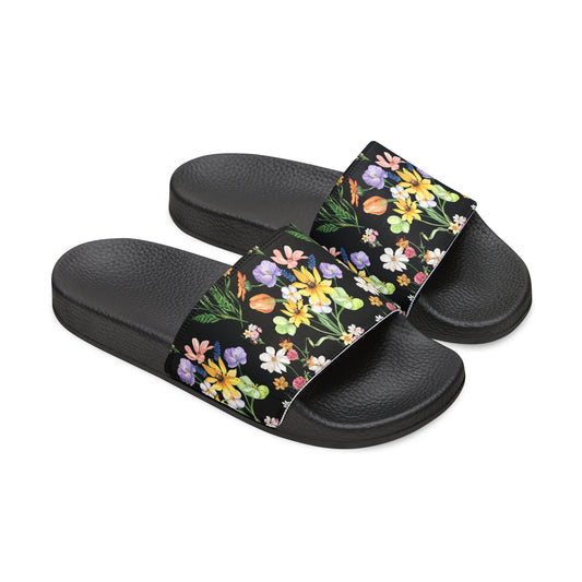 Yvonne Floral Pattern on Black Women's PU Slide Sandals