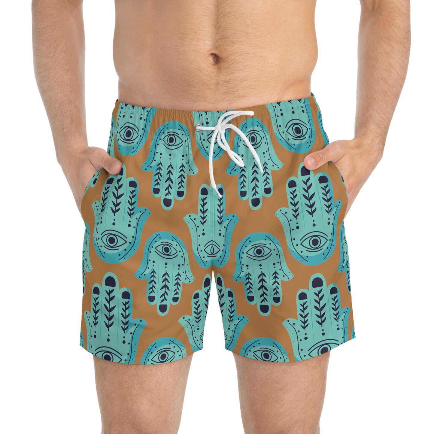 Hannah Bright Turquoise Hamsa Pattern on Brown Swim Trunks