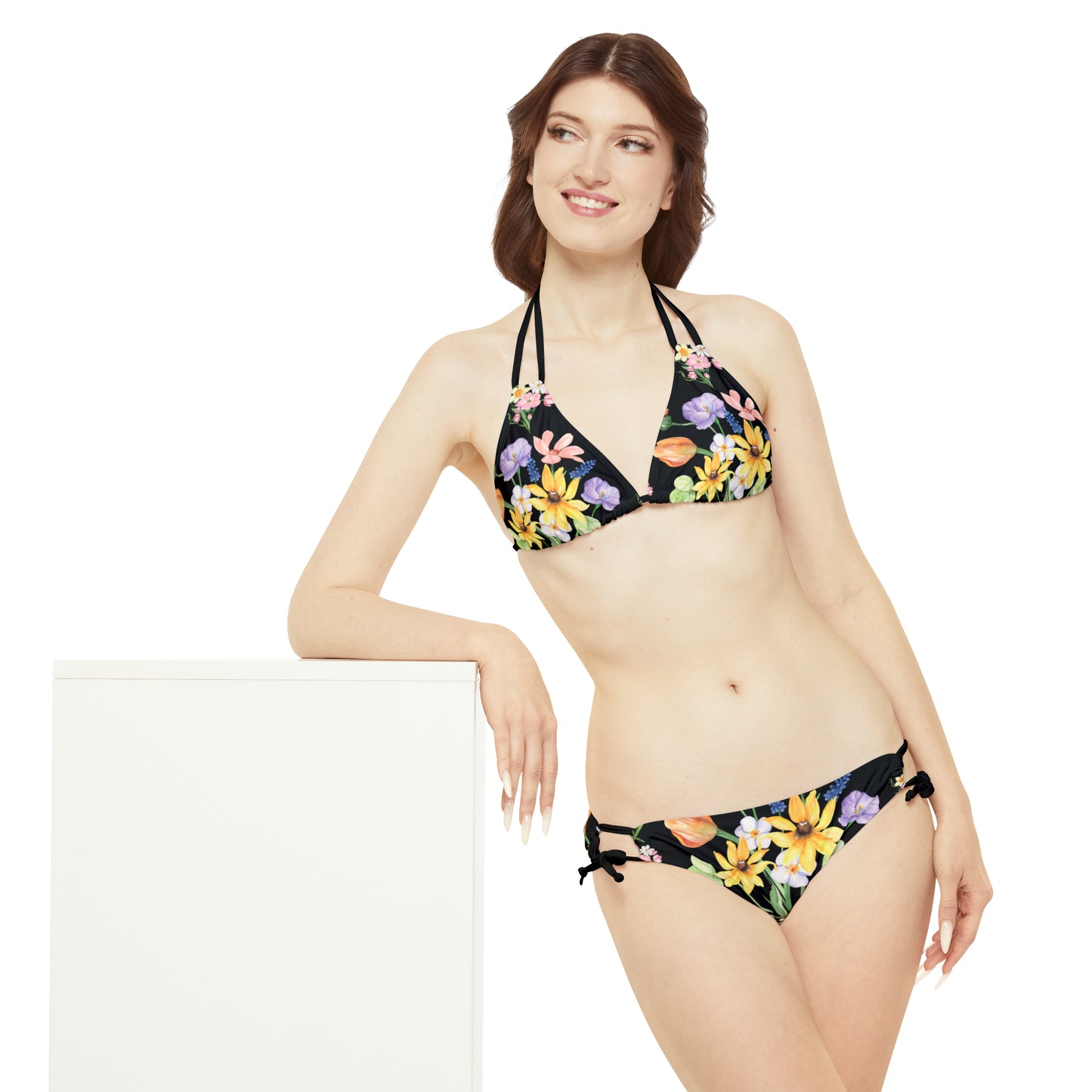 Yvonne Floral Pattern on Black Strappy Bikini Set