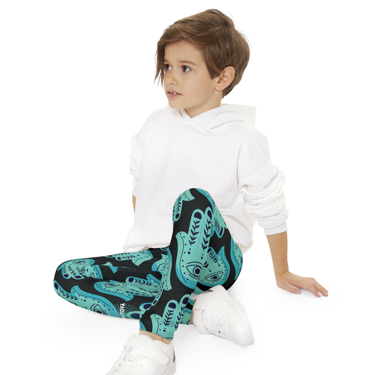 Hannah Bright Turquoise Hamsa Pattern Youth Full-Length Leggings