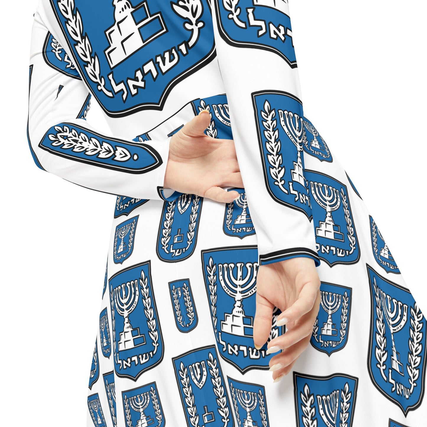 Israel Turq Stamp Pattern on White Women's Long Sleeve Dance Dress