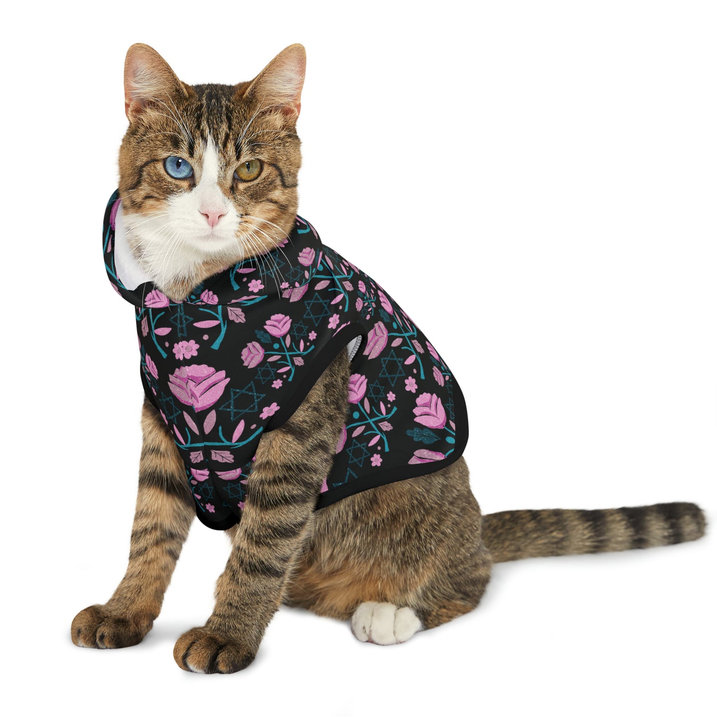 Beth Pink & Blue Pattern on Black Pet Hoodie