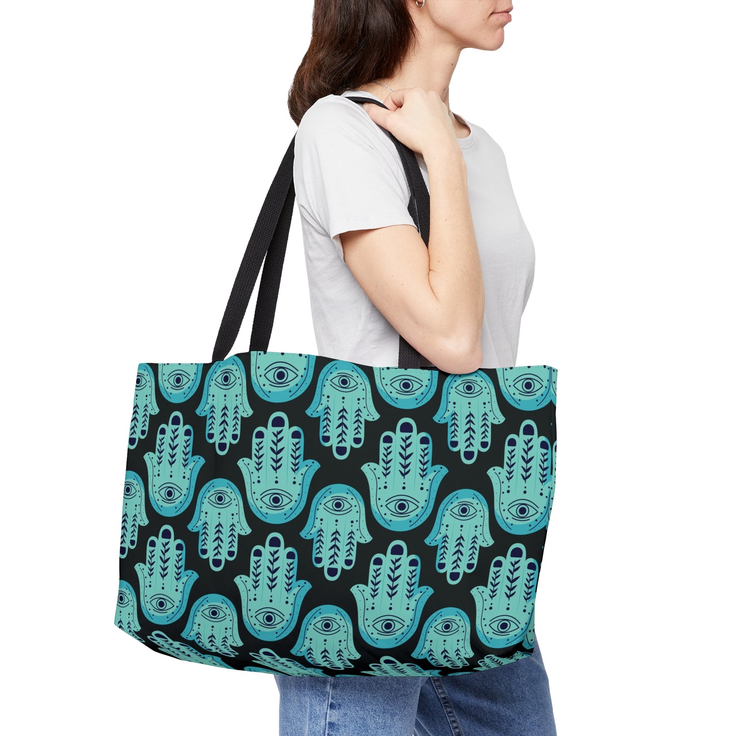 Hannah Bright Turquoise Hamsa Pattern Weekender Tote Bag