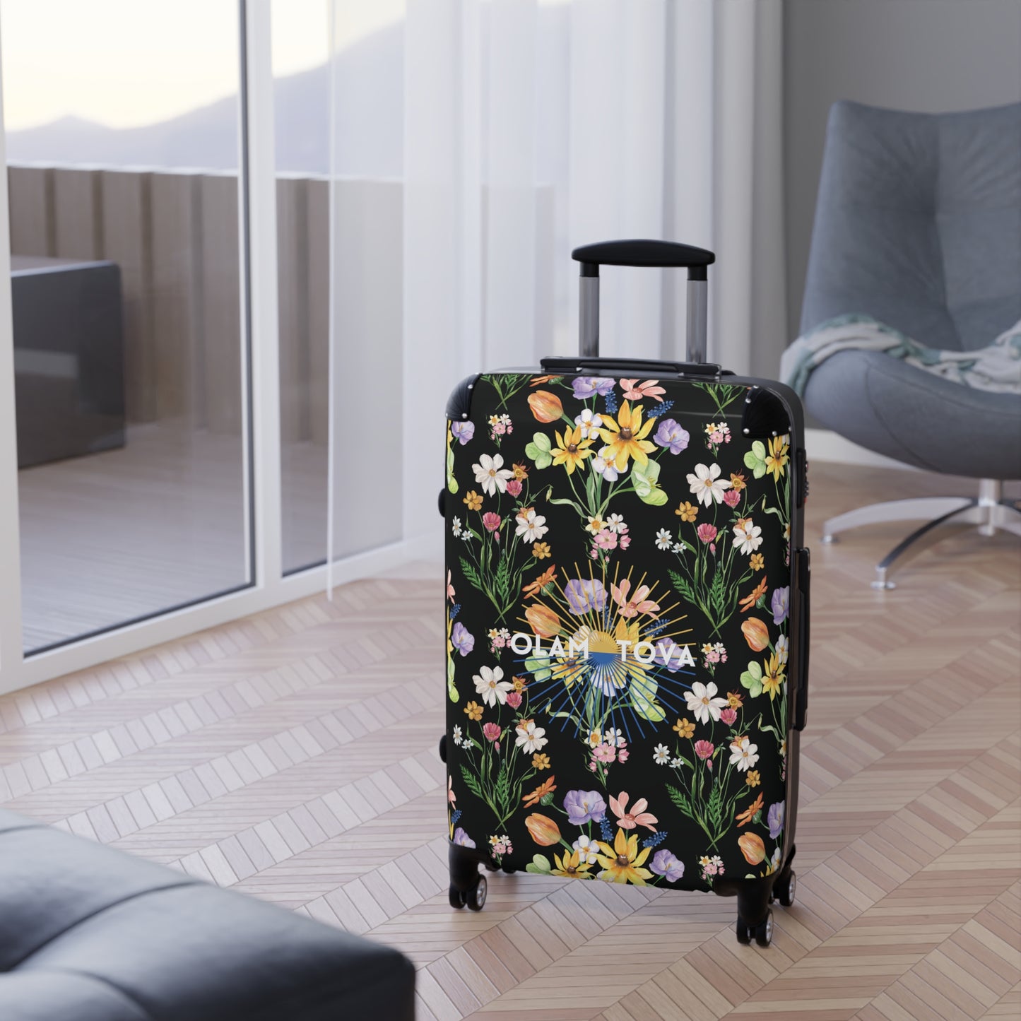 Yvonne Floral Pattern on Black Suitcase