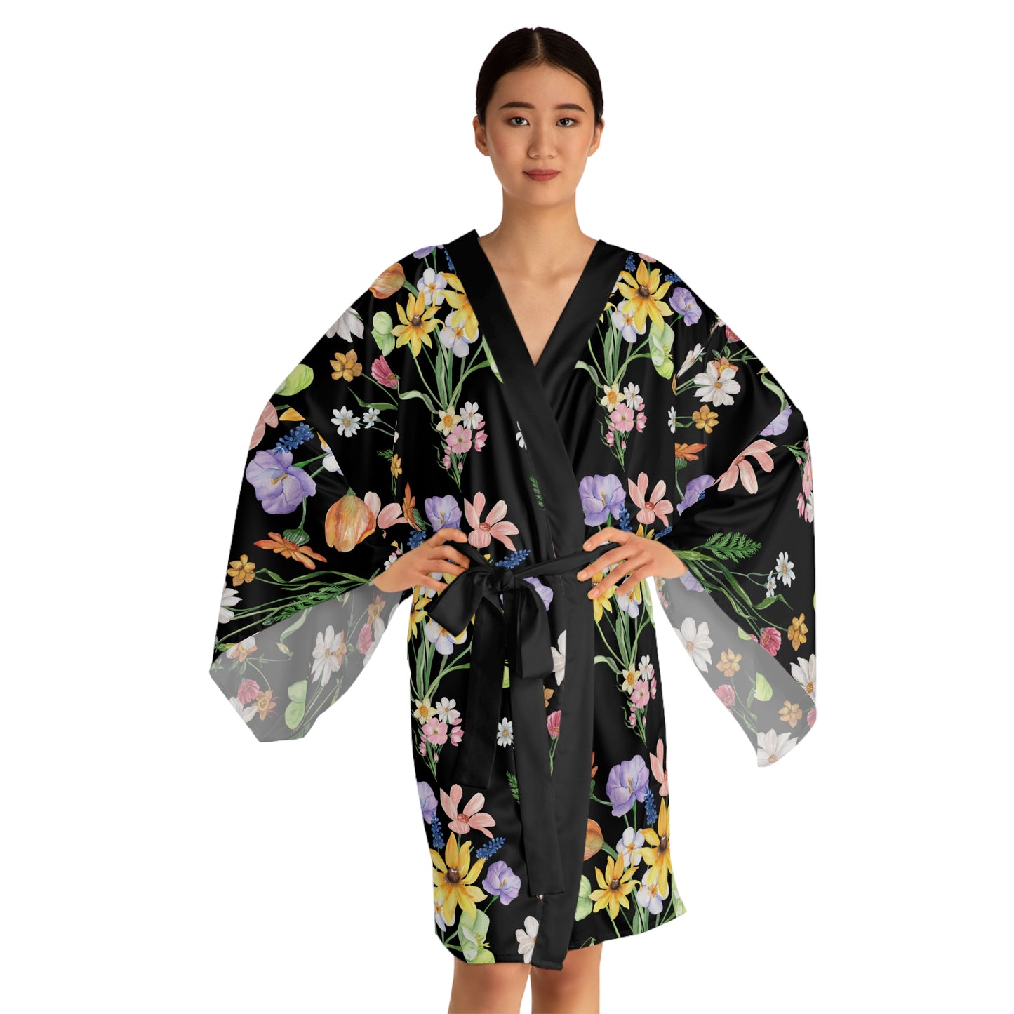 Yvonne Floral Pattern on Black Long Sleeve Kimono Robe