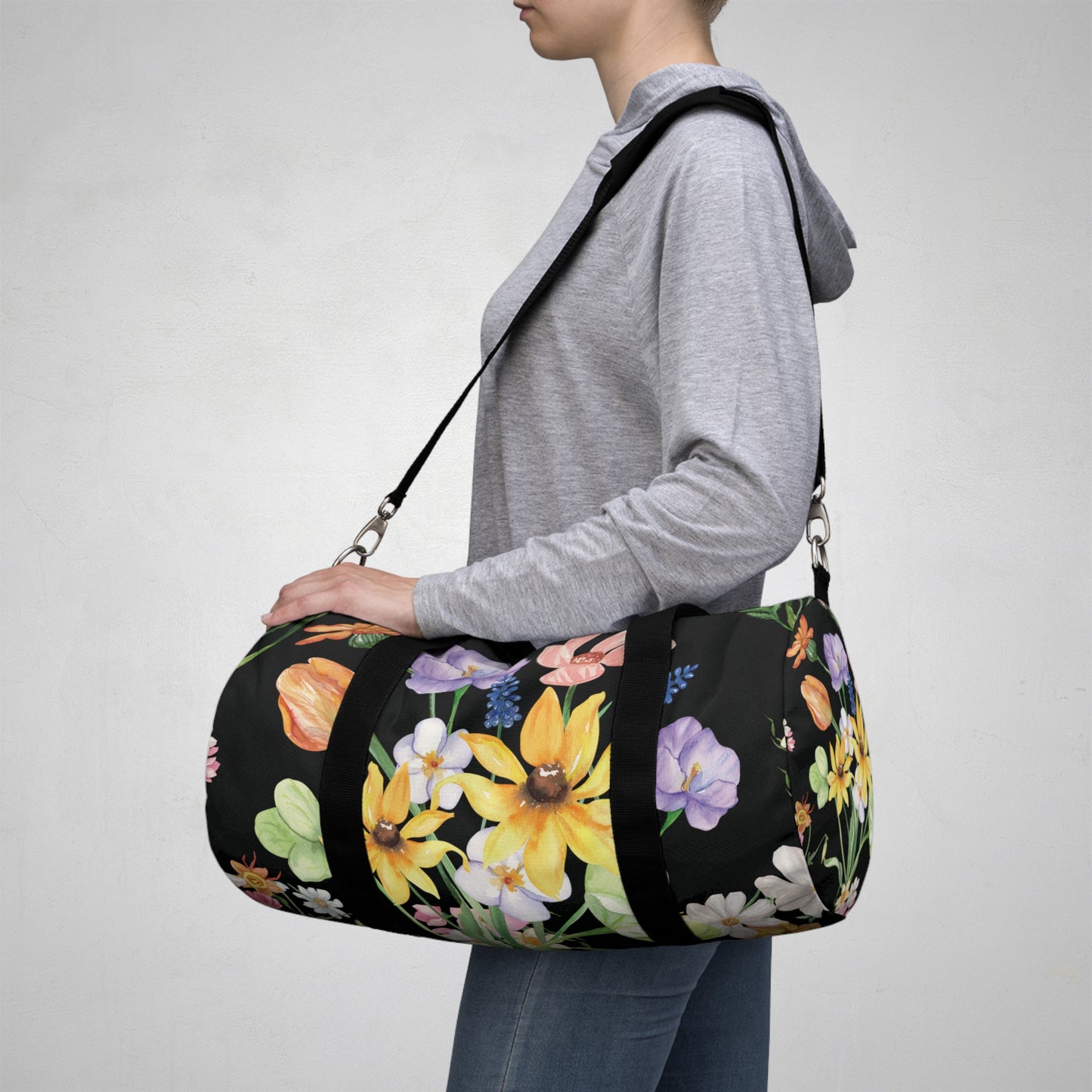 Yvonne Floral Pattern on Black Duffel Bag