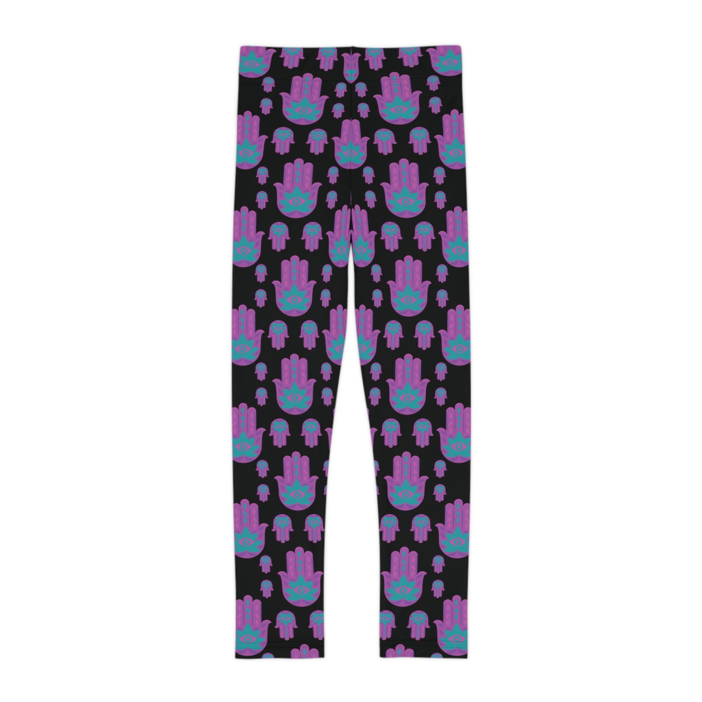 Hadas Bright Purple Hamsa Pattern on Black Kids Leggings