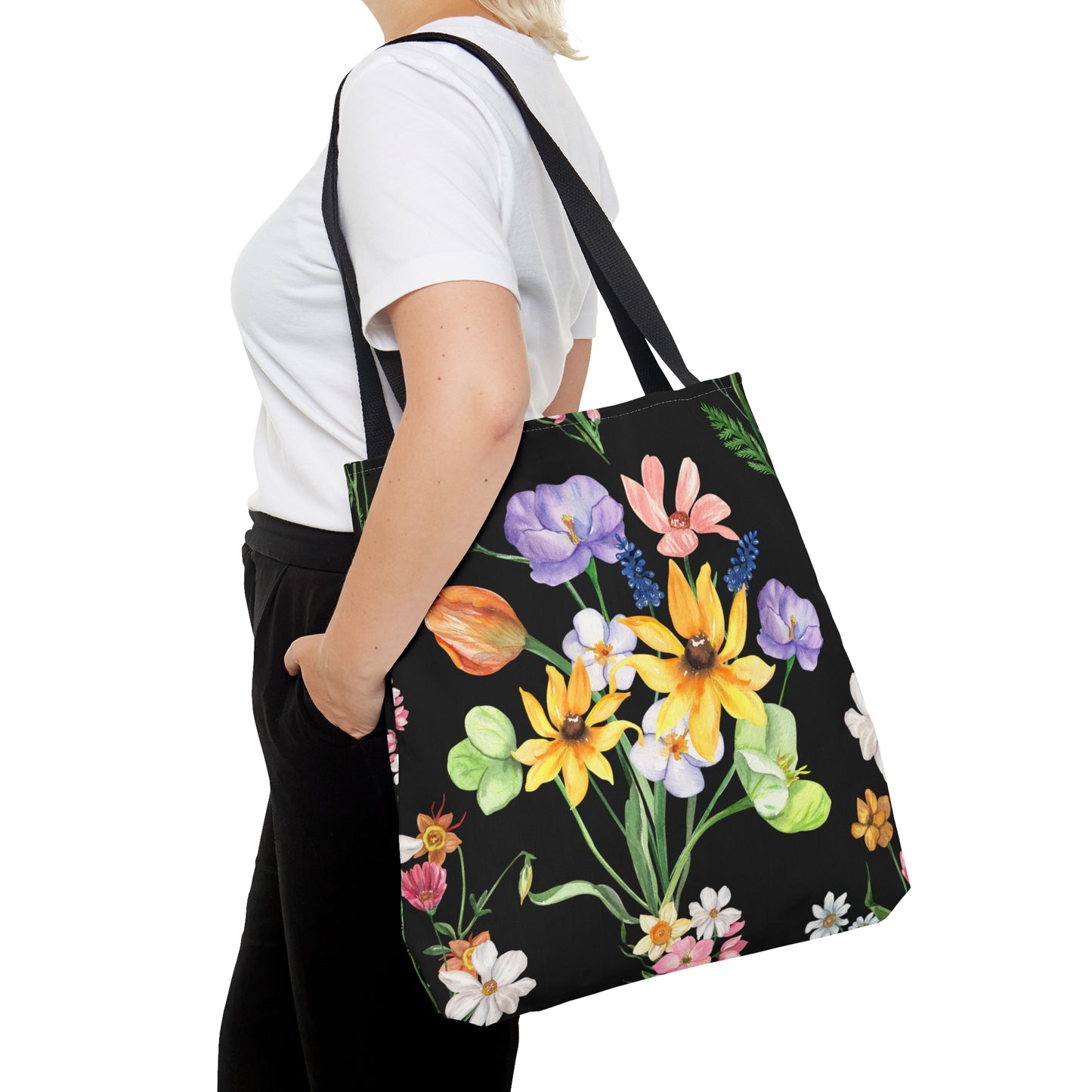 Yvonne Floral Pattern on Black Tote Bag