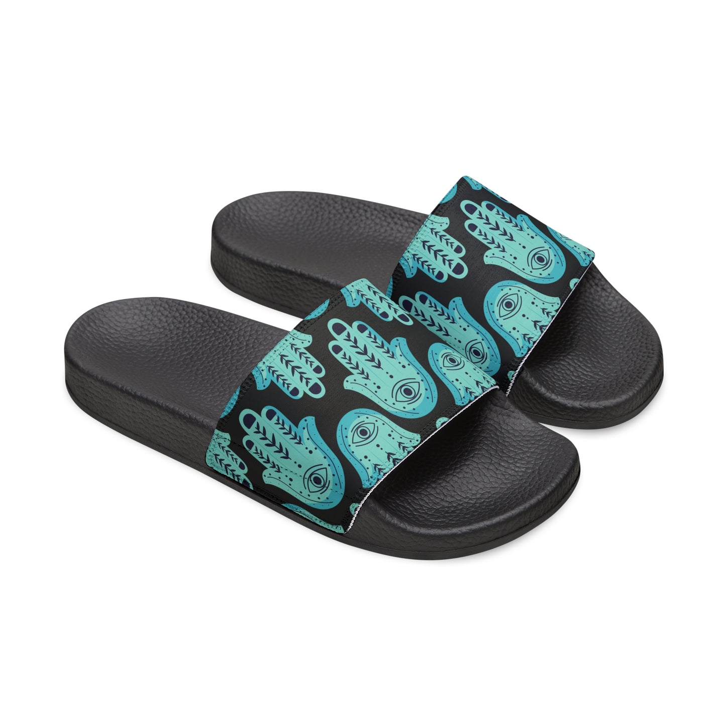 Hannah Bright Turquoise Hamsa Pattern on Black Youth PU Slide Sandals