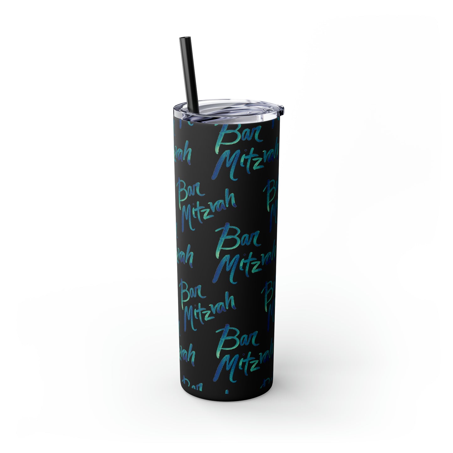 Ben Turquoise & Green Ombre Bar Mitzvah Pattern Skinny Tumbler with Straw, 20oz