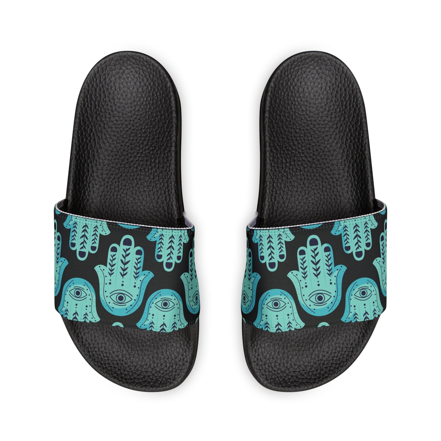 Hannah Bright Turquoise Hamsa Pattern on Black Youth PU Slide Sandals