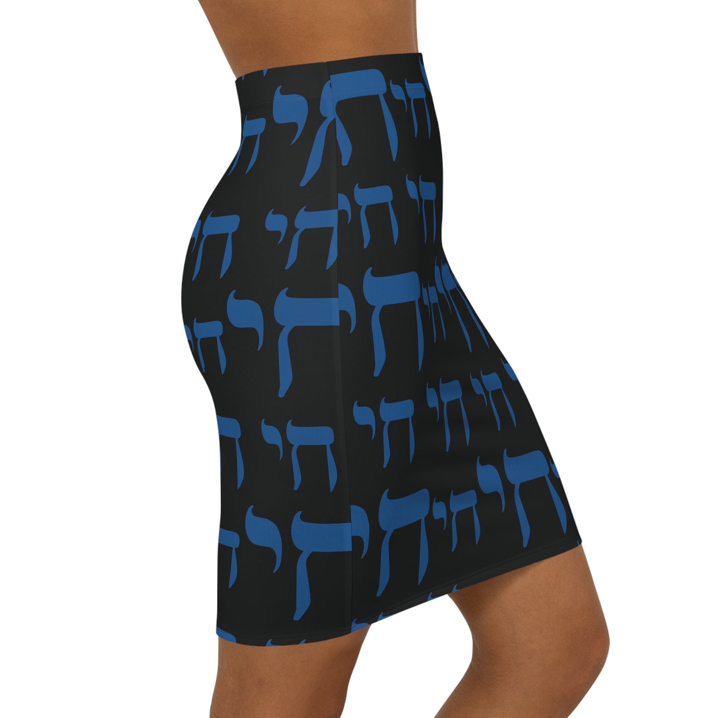 Chaim Double Chai Pattern on Black Women's Mid-Waist Pencil Skirt