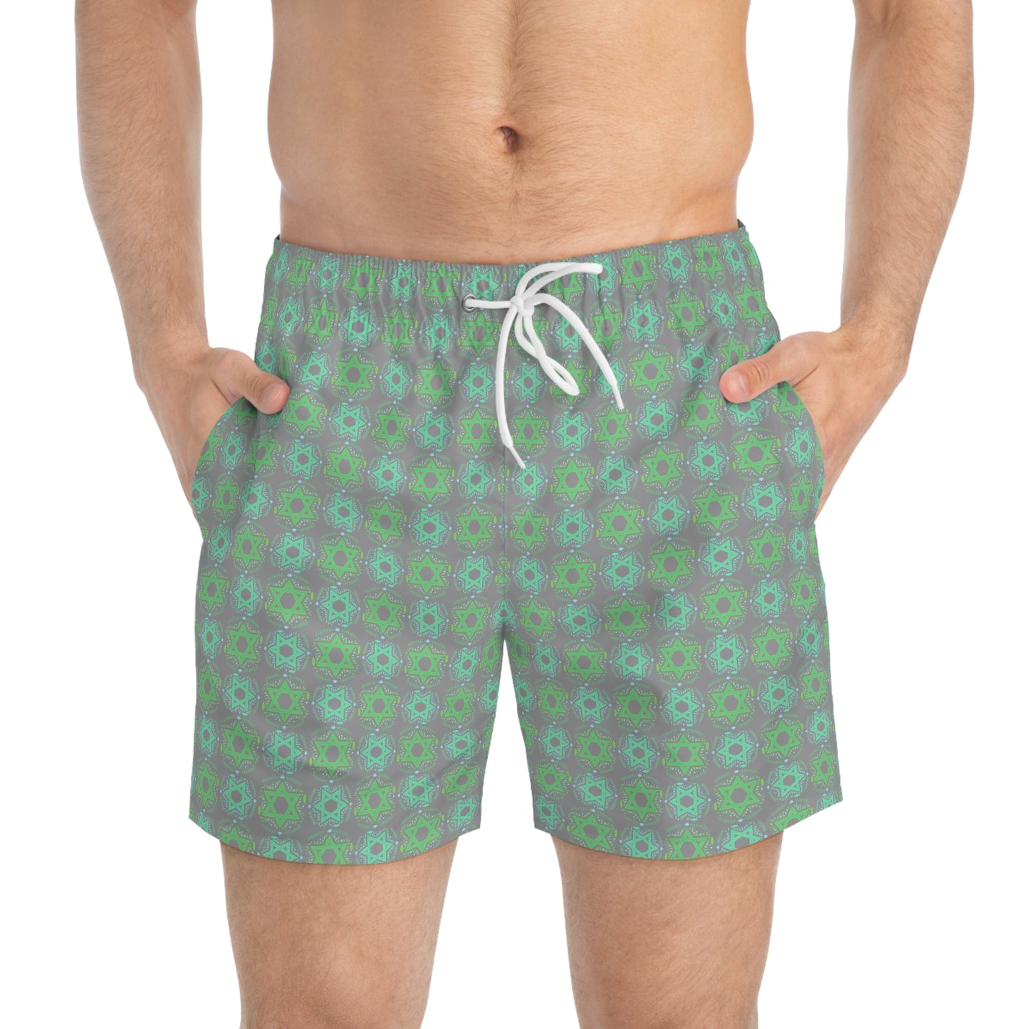 Yechiel Green on Gray Star Swim Trunks