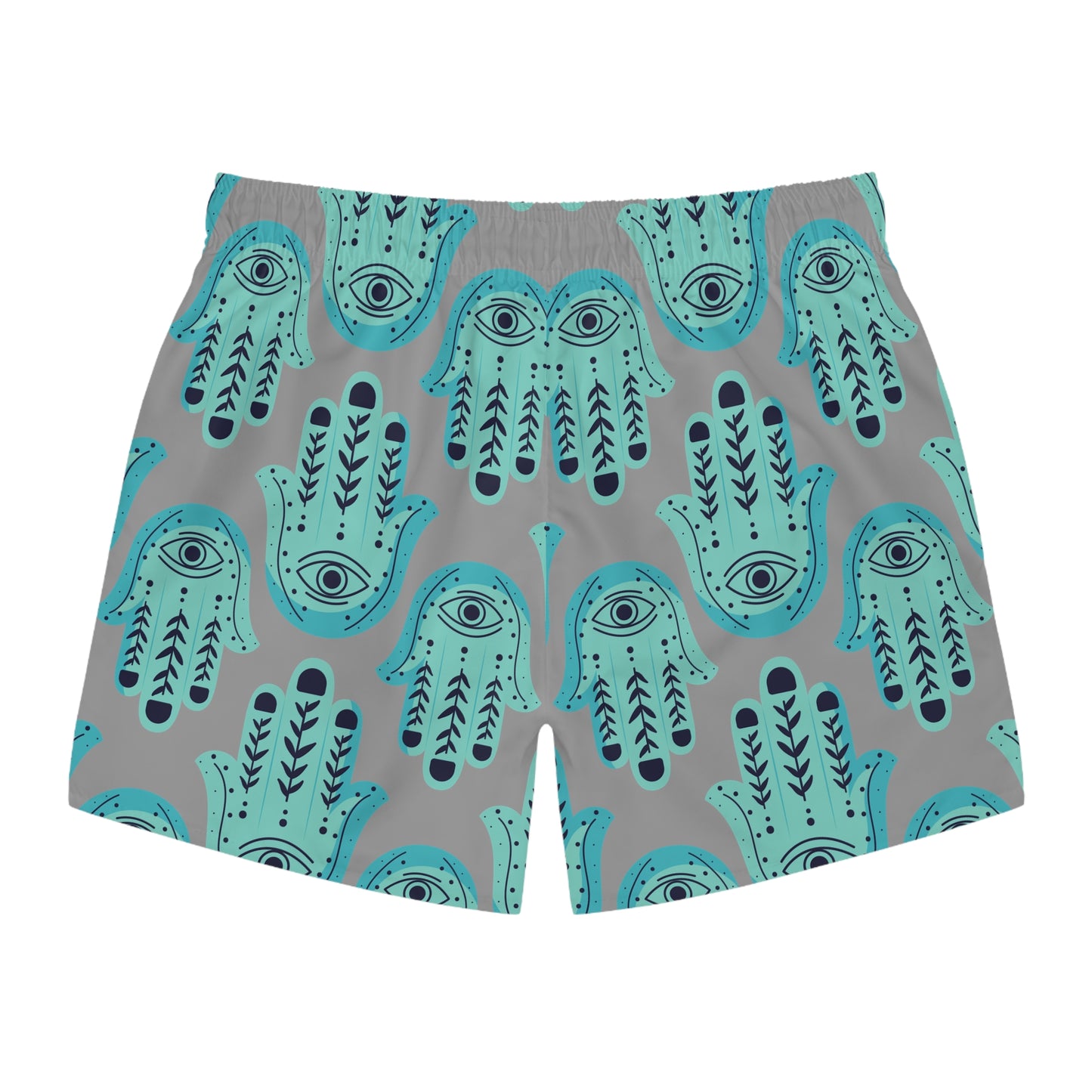 Hannah Bright Turquoise Hamsa Pattern on Grey Swim Trunks