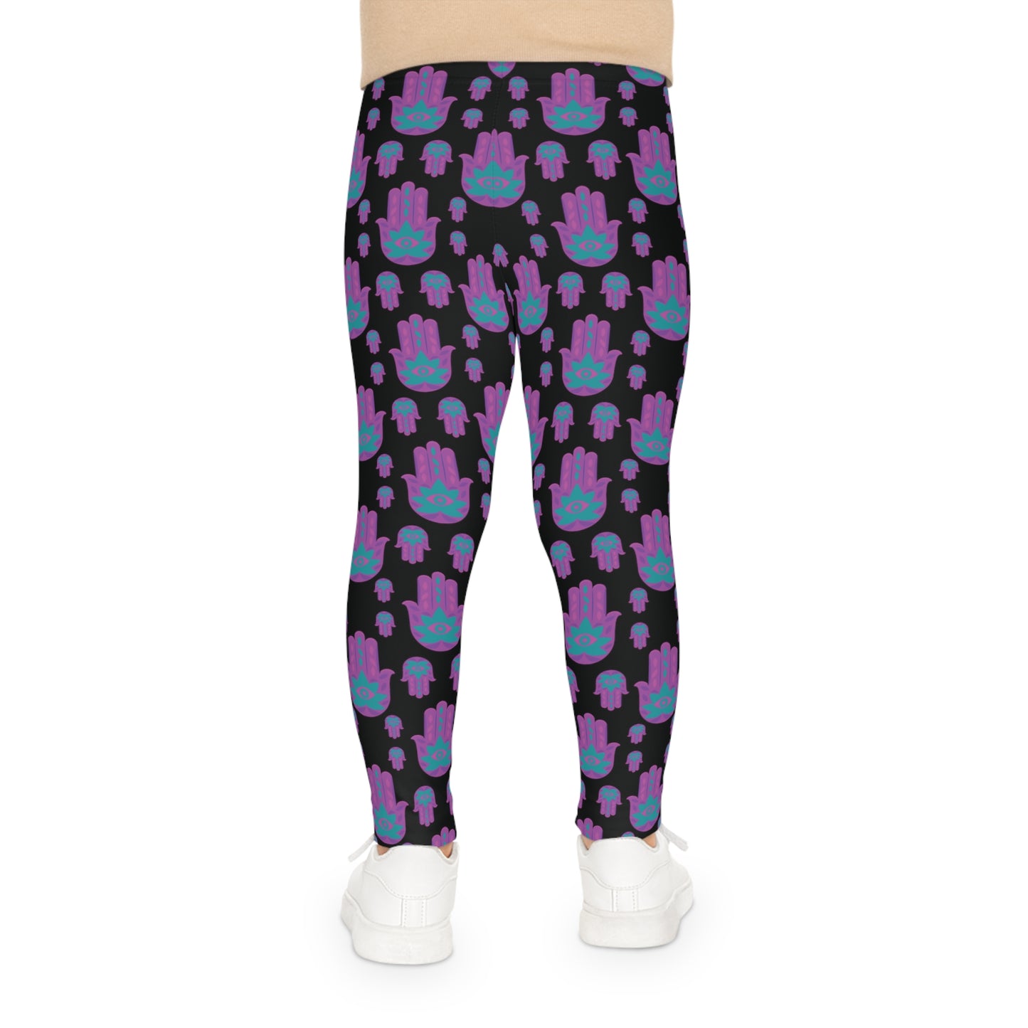 Hadas Bright Purple Hamsa Pattern on Black Kids Leggings