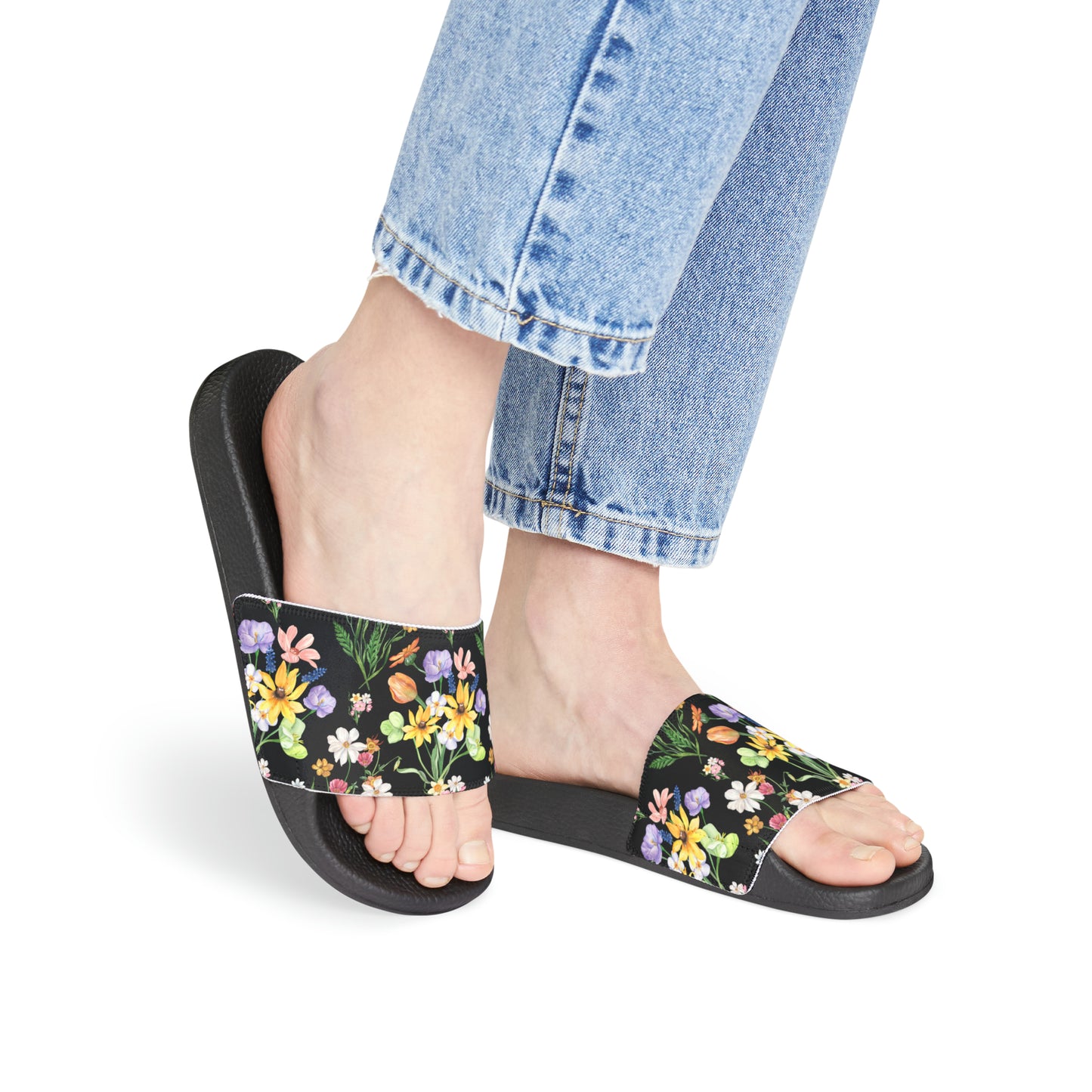 Yvonne Floral Pattern on Black Women's PU Slide Sandals