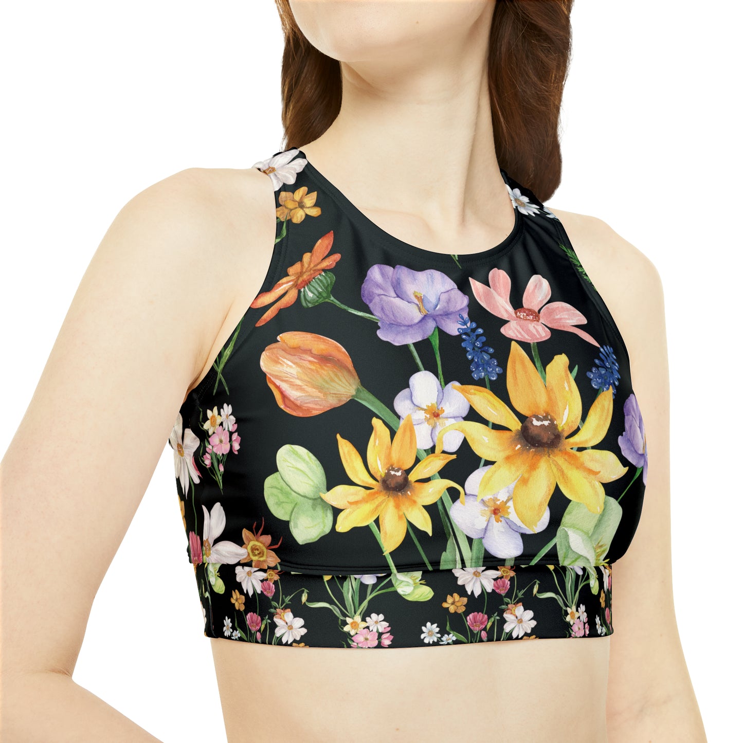 Yvonne Floral Pattern on Black High Neck Crop Waterproof Sports Top