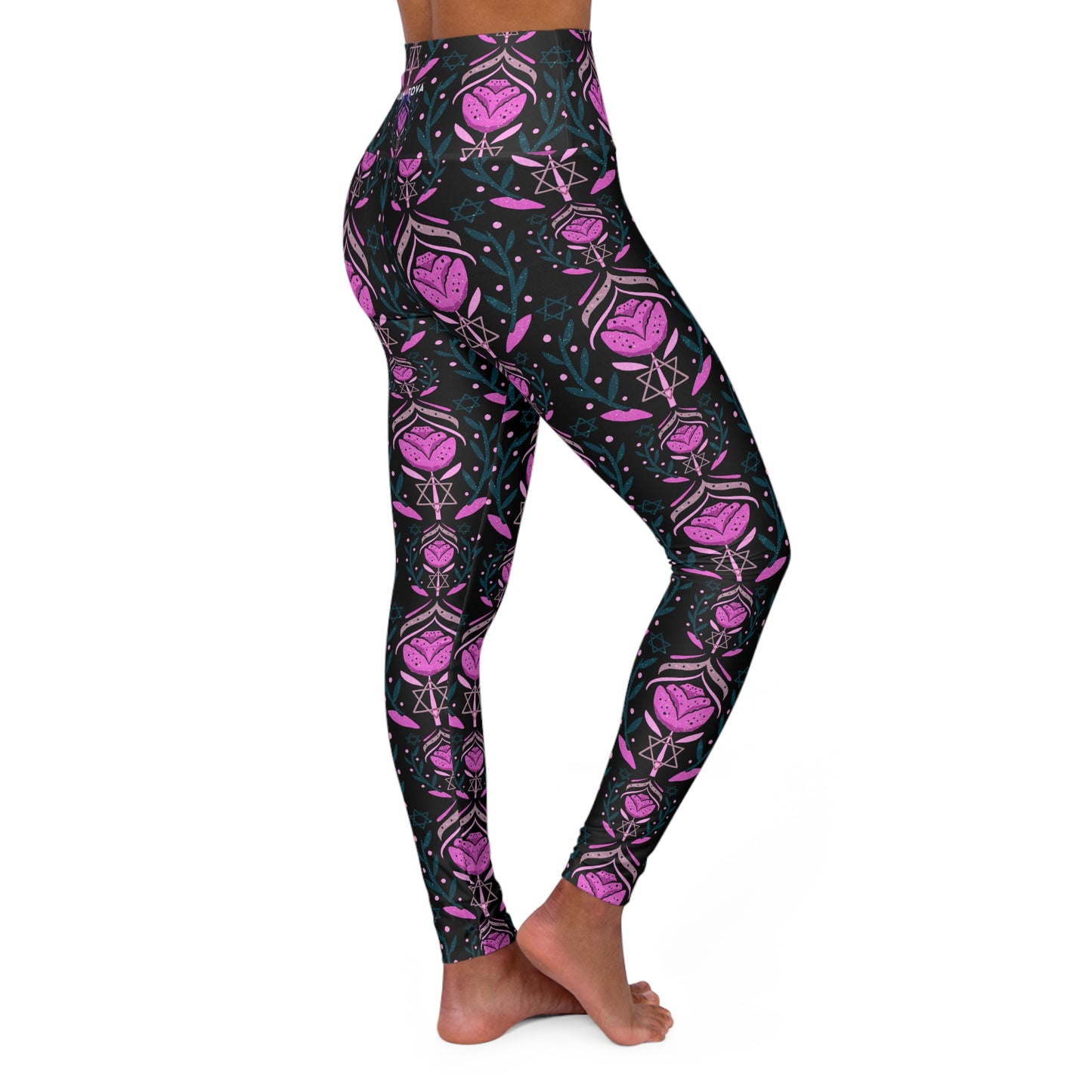 Jenna Pink Pattern on Black High Waisted Yoga Leggings