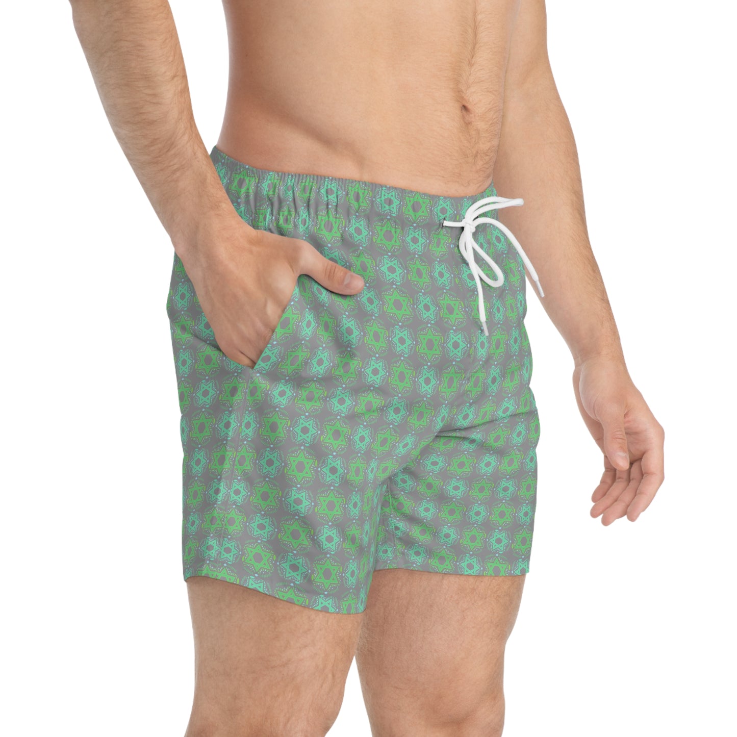 Yechiel Green on Gray Star Swim Trunks