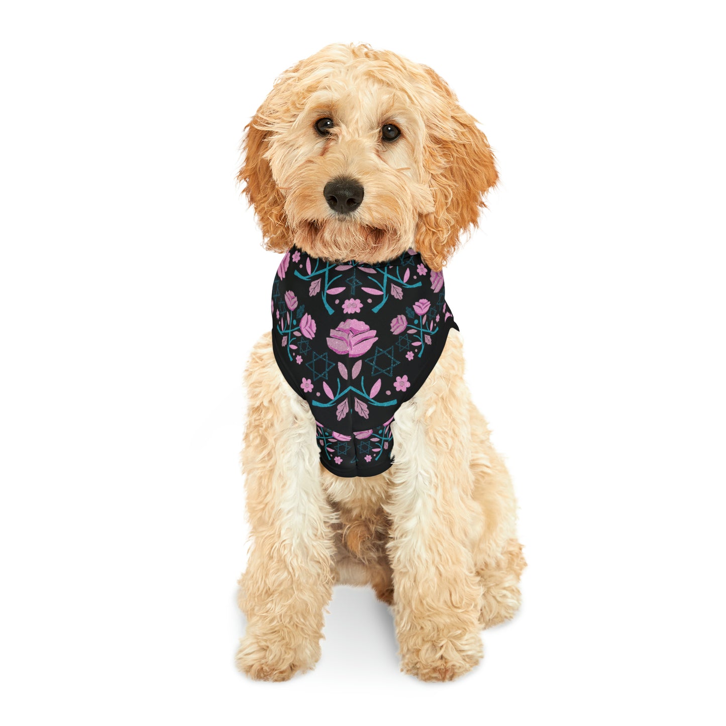 Beth Pink & Blue Pattern on Black Pet Hoodie