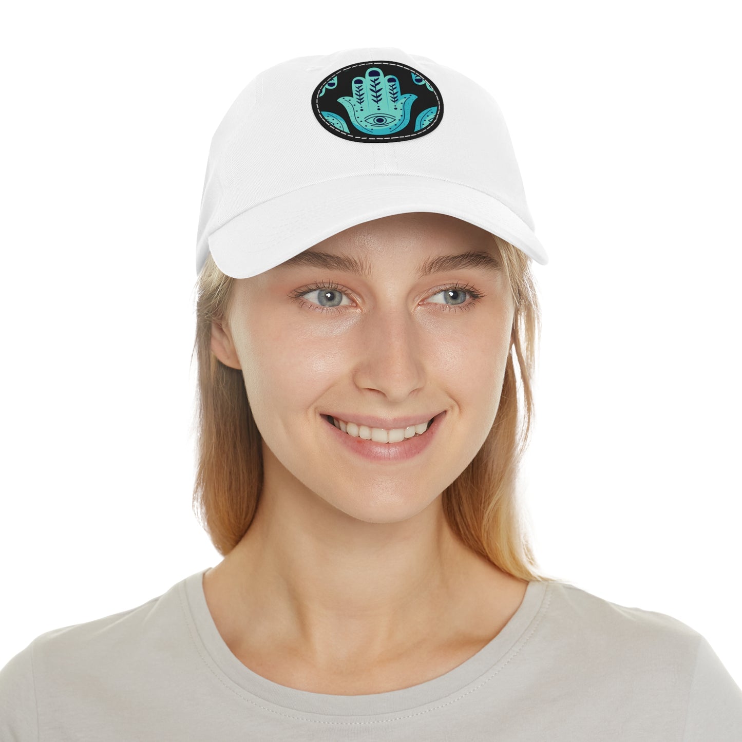 Hannah Bright Turquoise Hamsa Pattern Dad Hat with Leather Patch