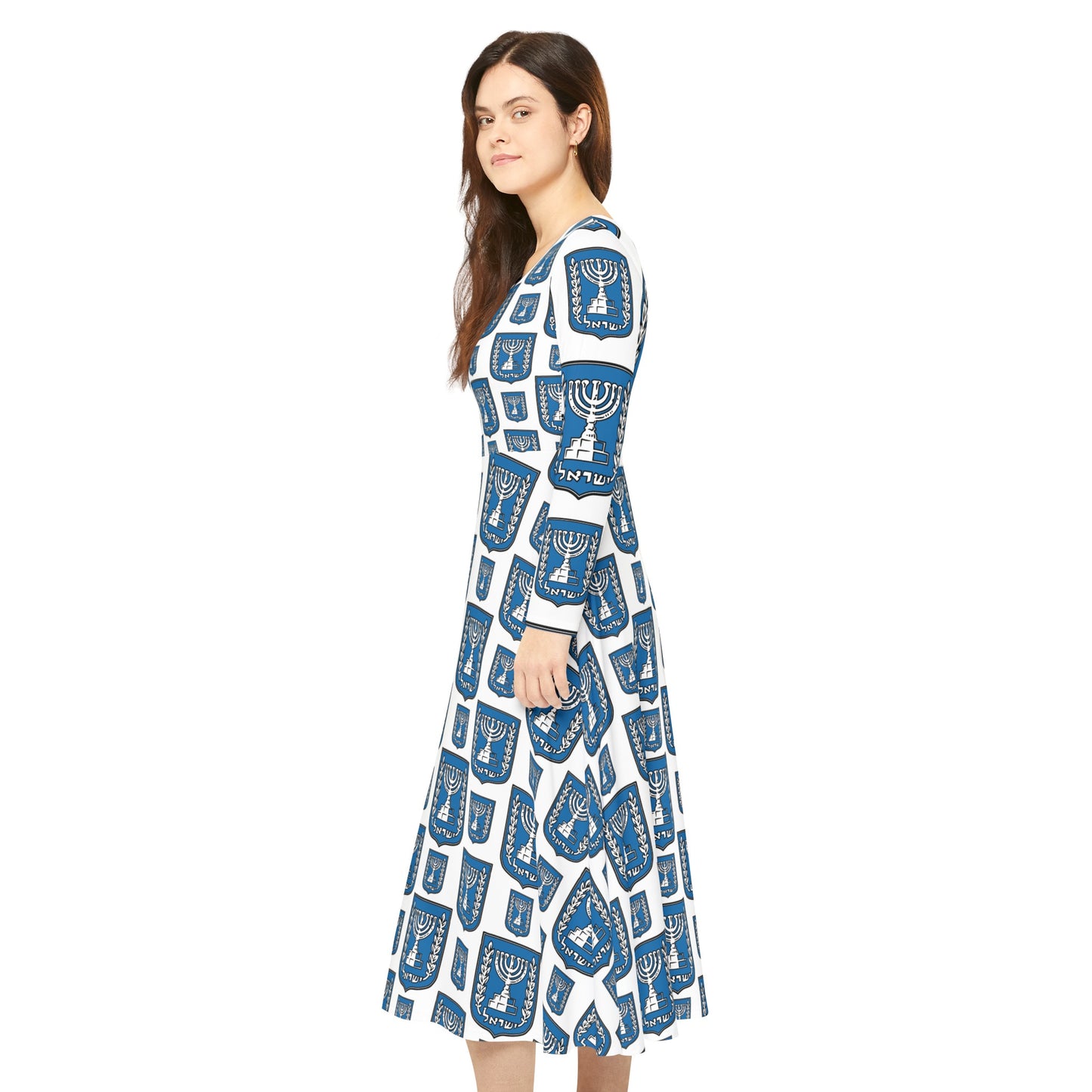 Israel Turq Stamp Pattern on White Women's Long Sleeve Dance Dress