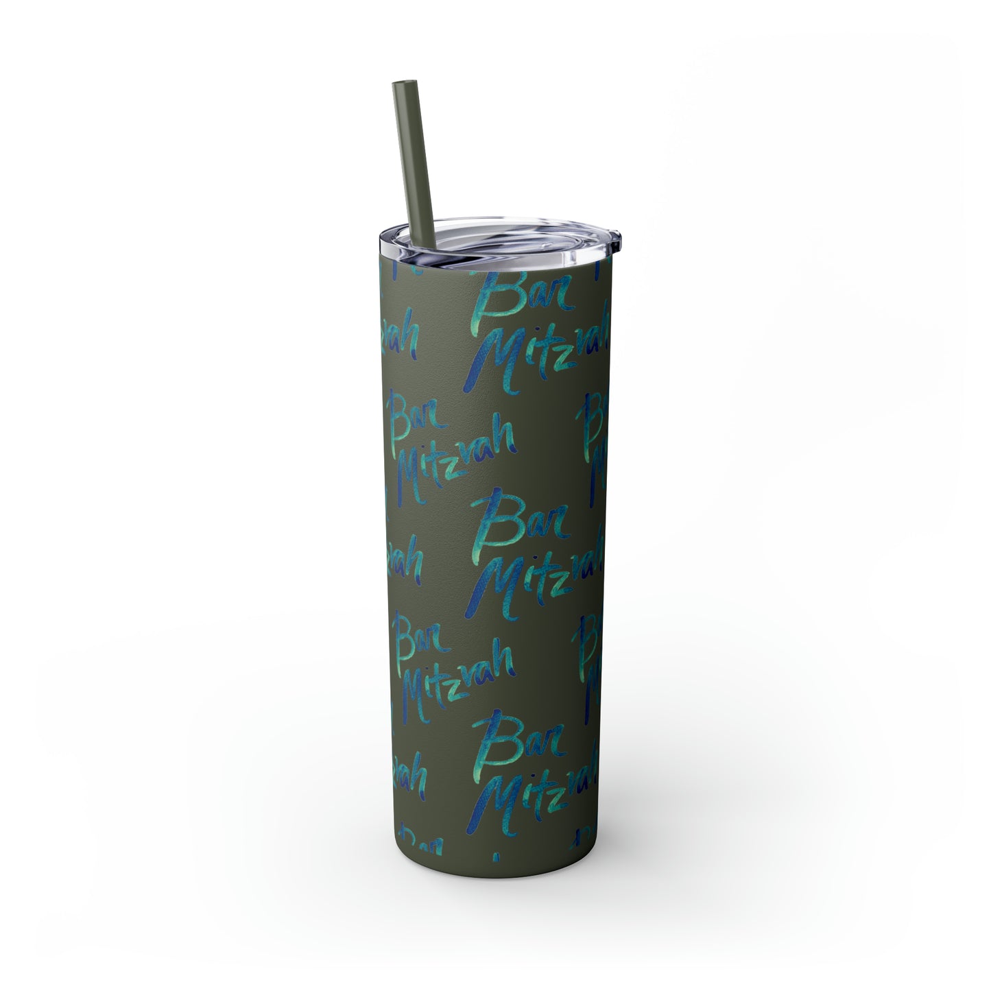 Ben Turquoise & Green Ombre Bar Mitzvah Pattern Skinny Tumbler with Straw, 20oz