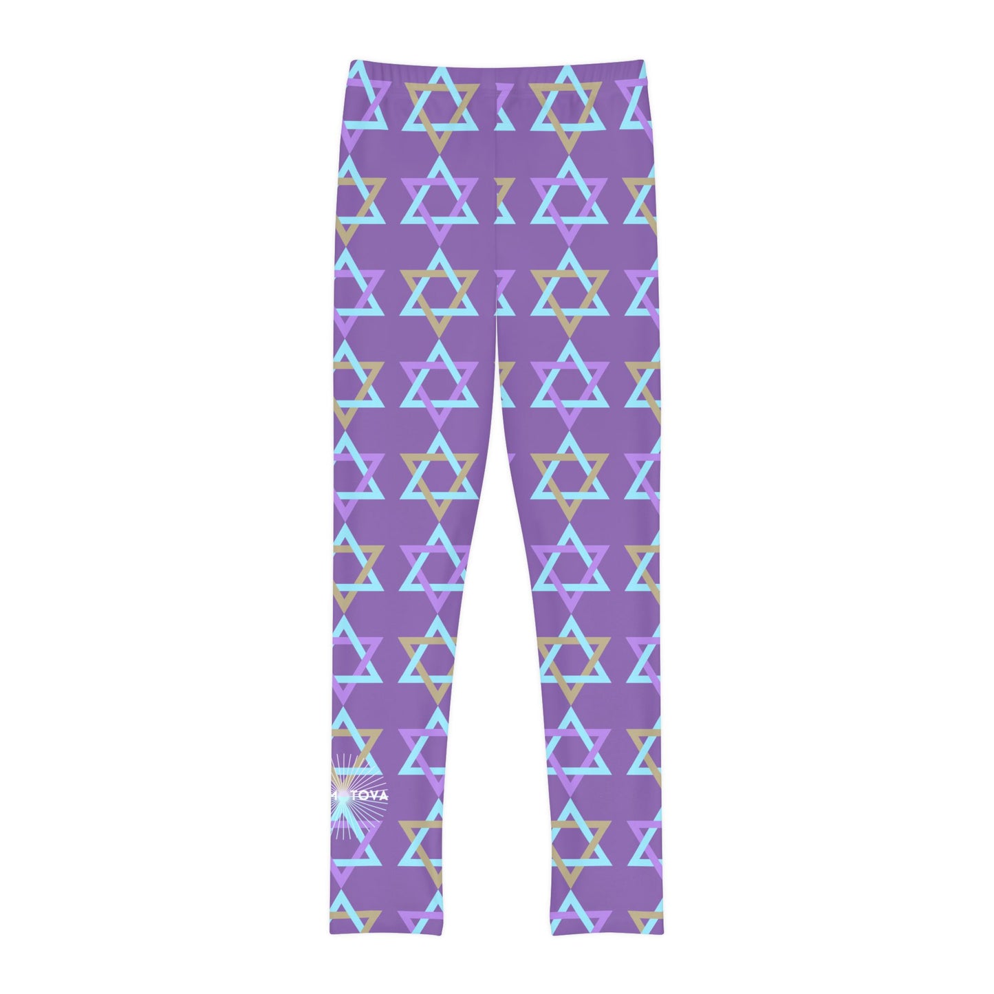 David Beige, Purple, & Light Blue Magan David Pattern on Purple Youth Full-Length Leggings