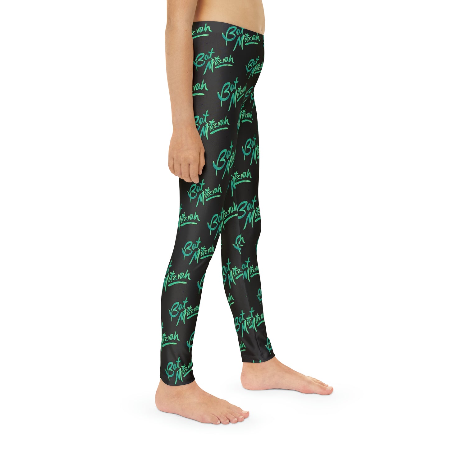 Batya Green Bat Mitzvah Pattern on Black Youth Full-Length Leggings