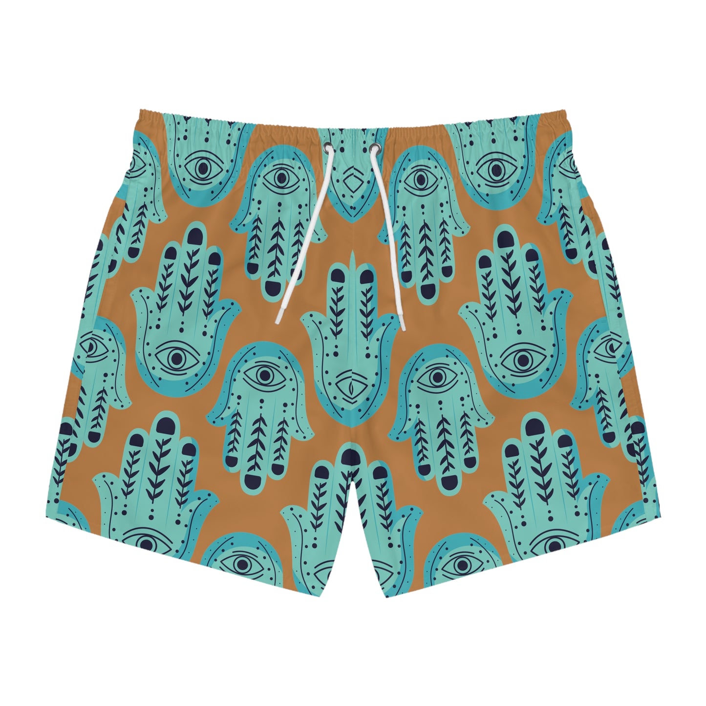 Hannah Bright Turquoise Hamsa Pattern on Brown Swim Trunks