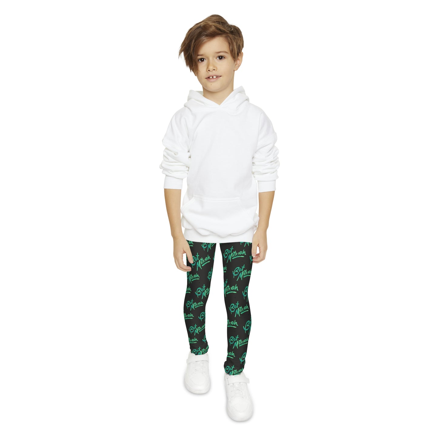 Batya Green Bat Mitzvah Pattern on Black Youth Full-Length Leggings