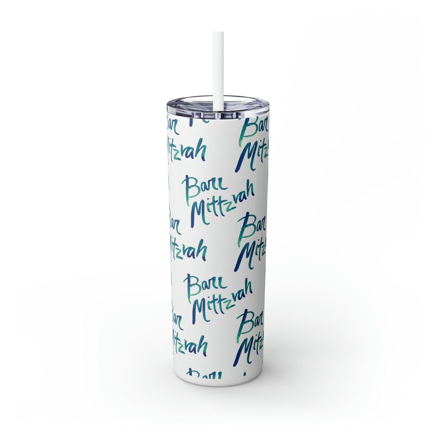 Ben Turquoise & Green Ombre Bar Mitzvah Pattern Skinny Tumbler with Straw, 20oz