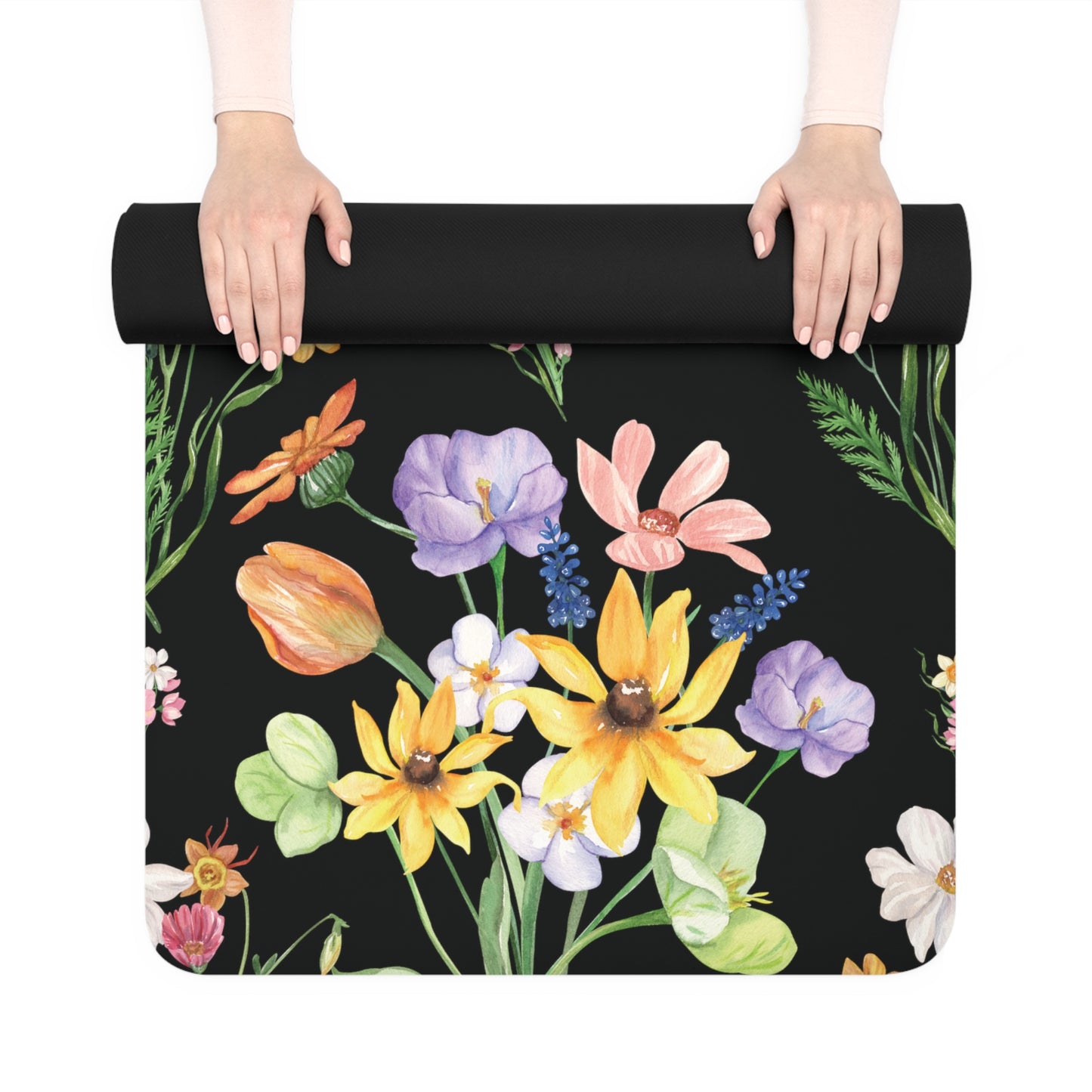 Yvonne Floral Pattern on Black Rubber Yoga Mat