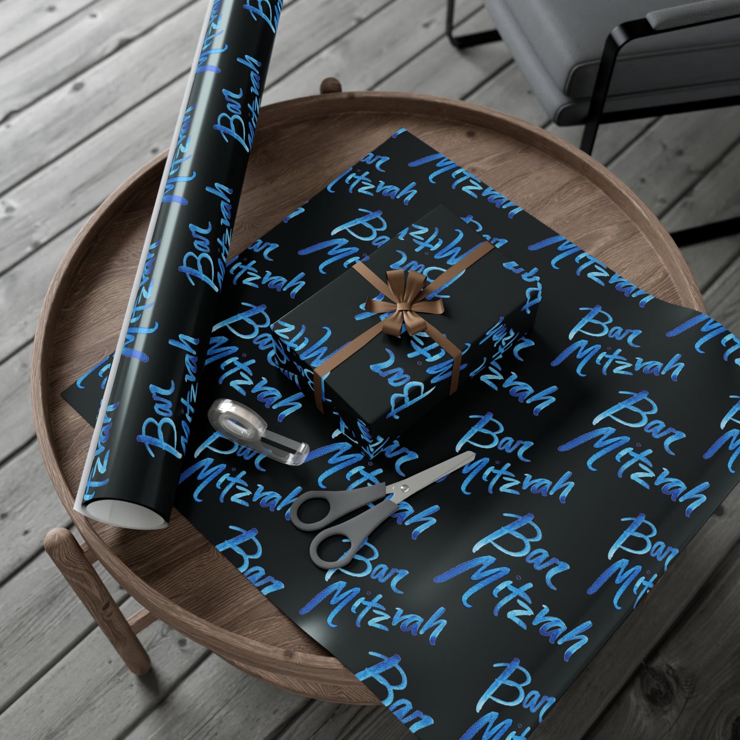 Ben Bright Blue Bar Mitzvah on Black Gift Wrap Papers