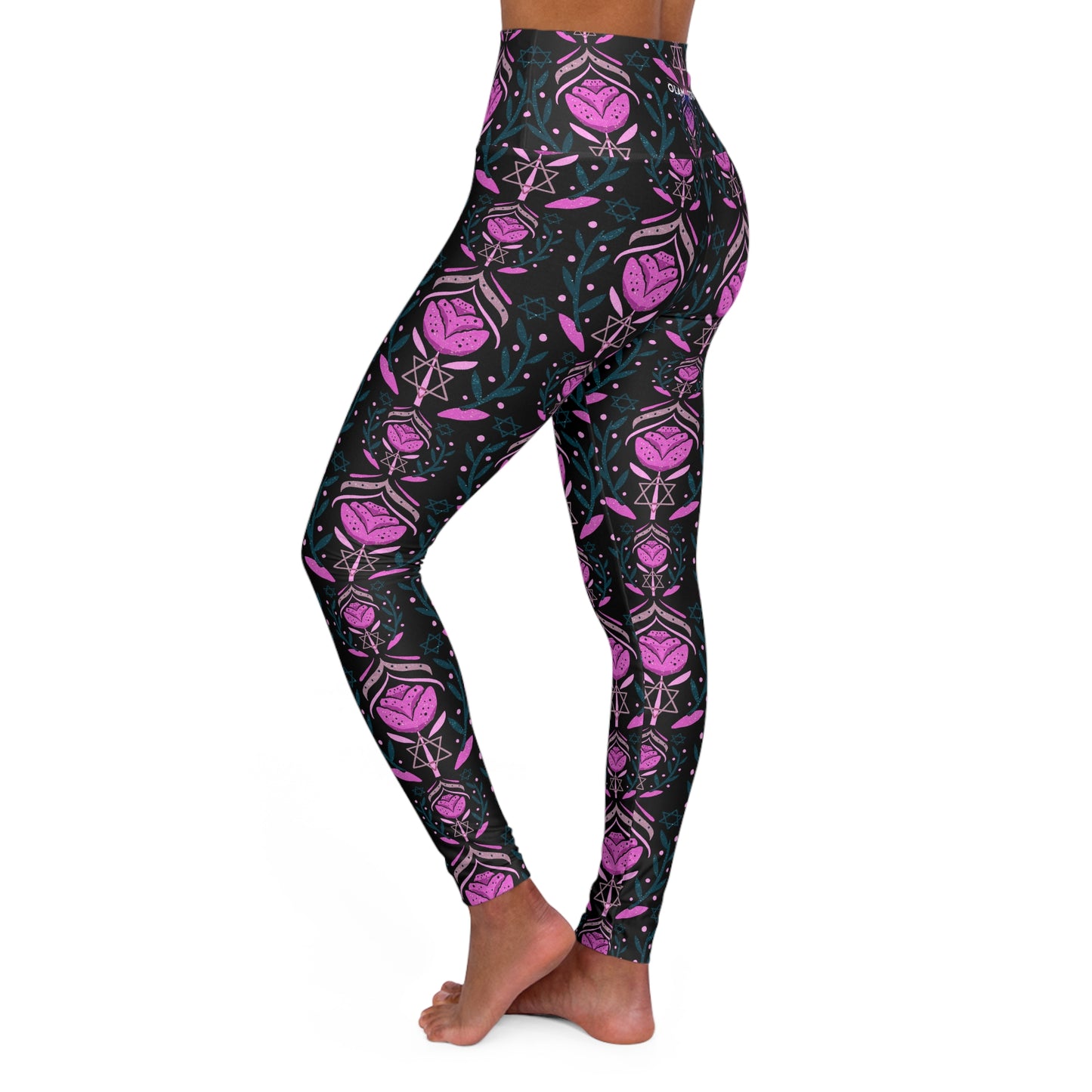 Jenna Pink Pattern on Black High Waisted Yoga Leggings