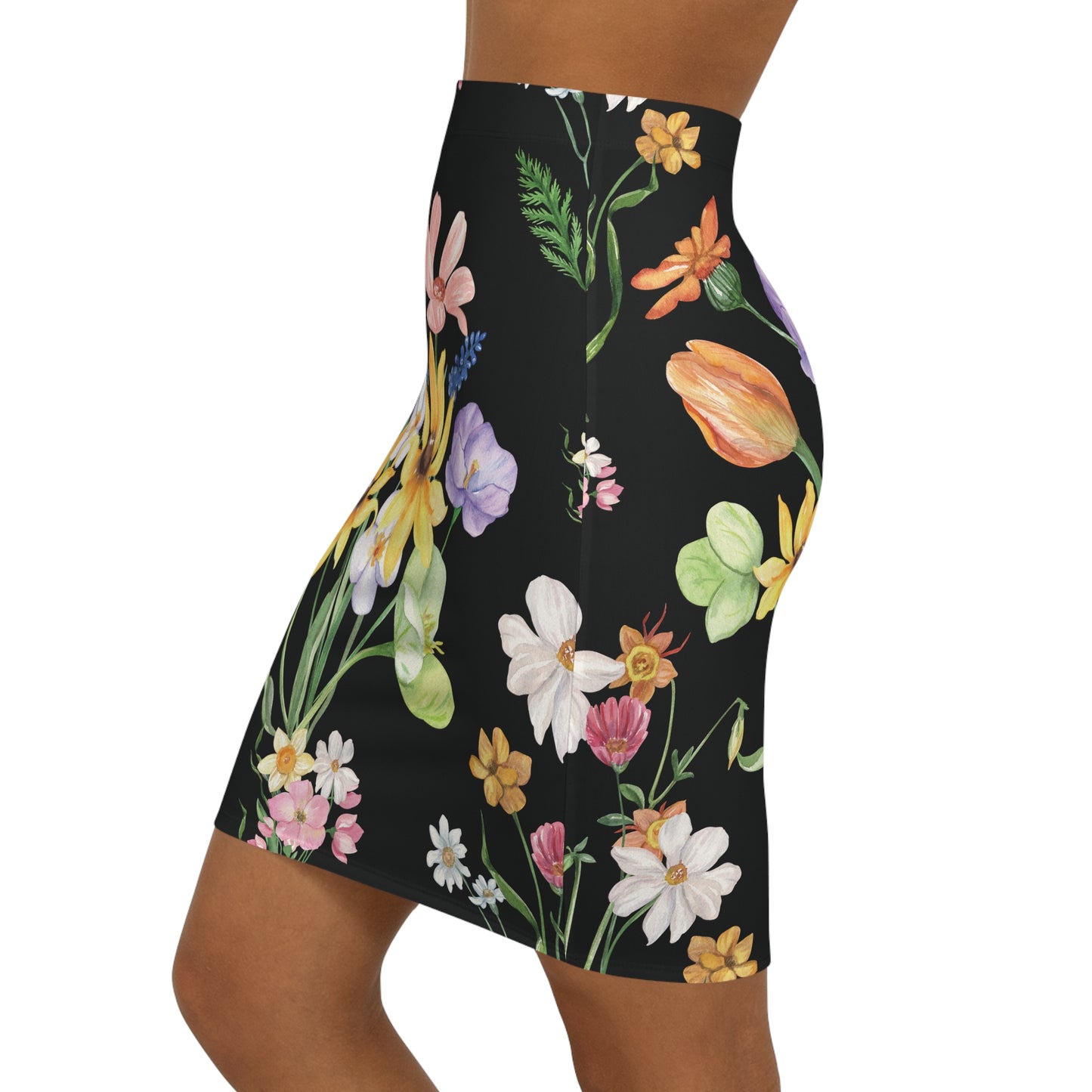 Yvonne Floral Pattern on Black Women's Mid-Waist Pencil Skirt