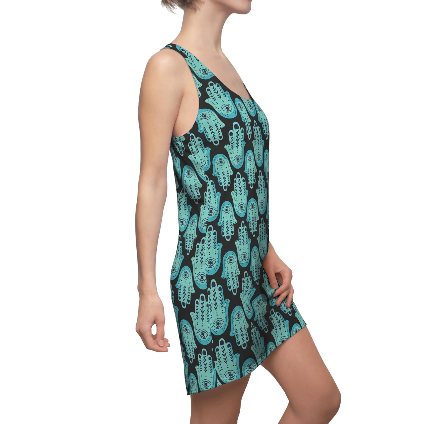 Hannah Bright Turquoise Hamsa Pattern Women's Cut & Sew Racerback Dress