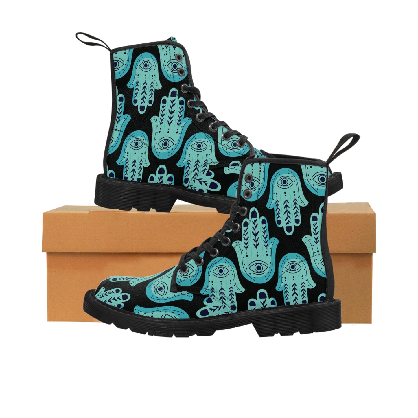 Hannah Bright Turquoise Hamsa Pattern on Black Women's Canvas Boots