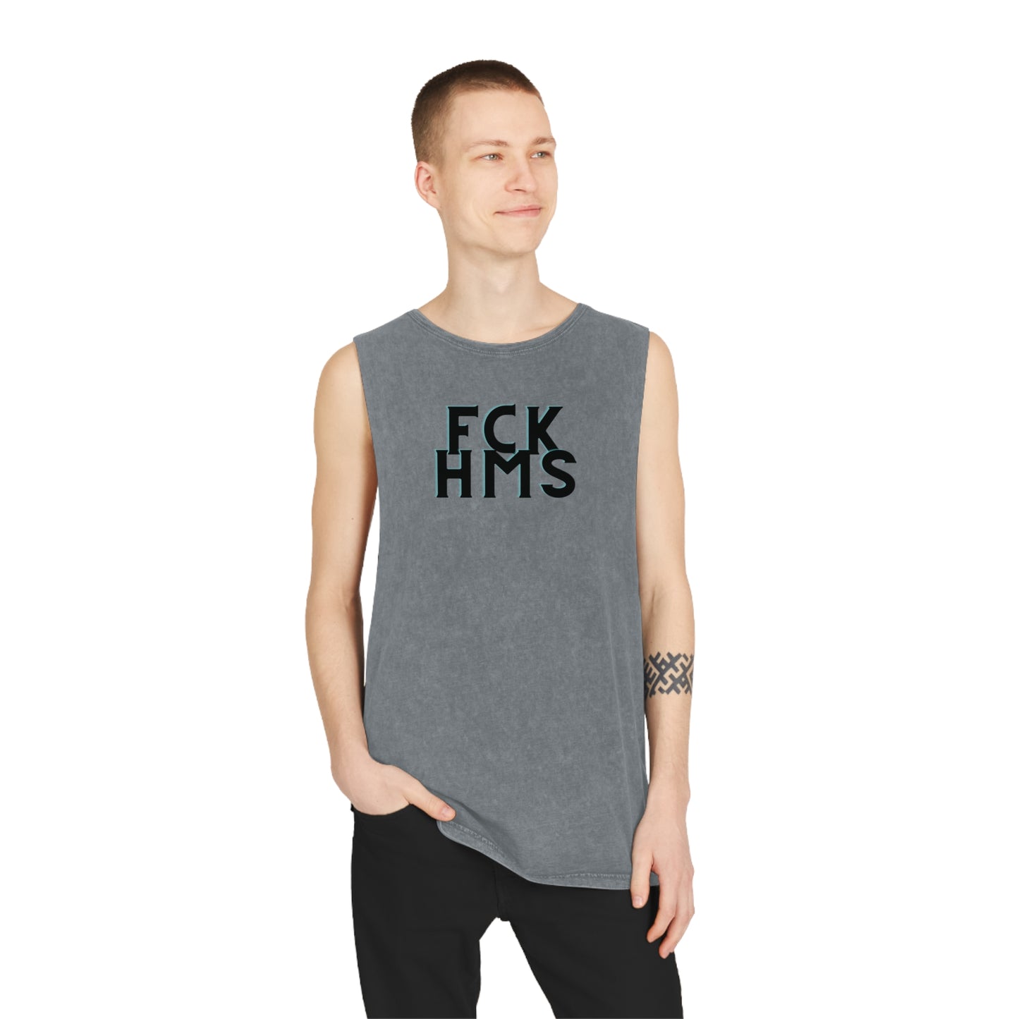 FCK HMS Black & Teal Unisex Stonewash Tank Top