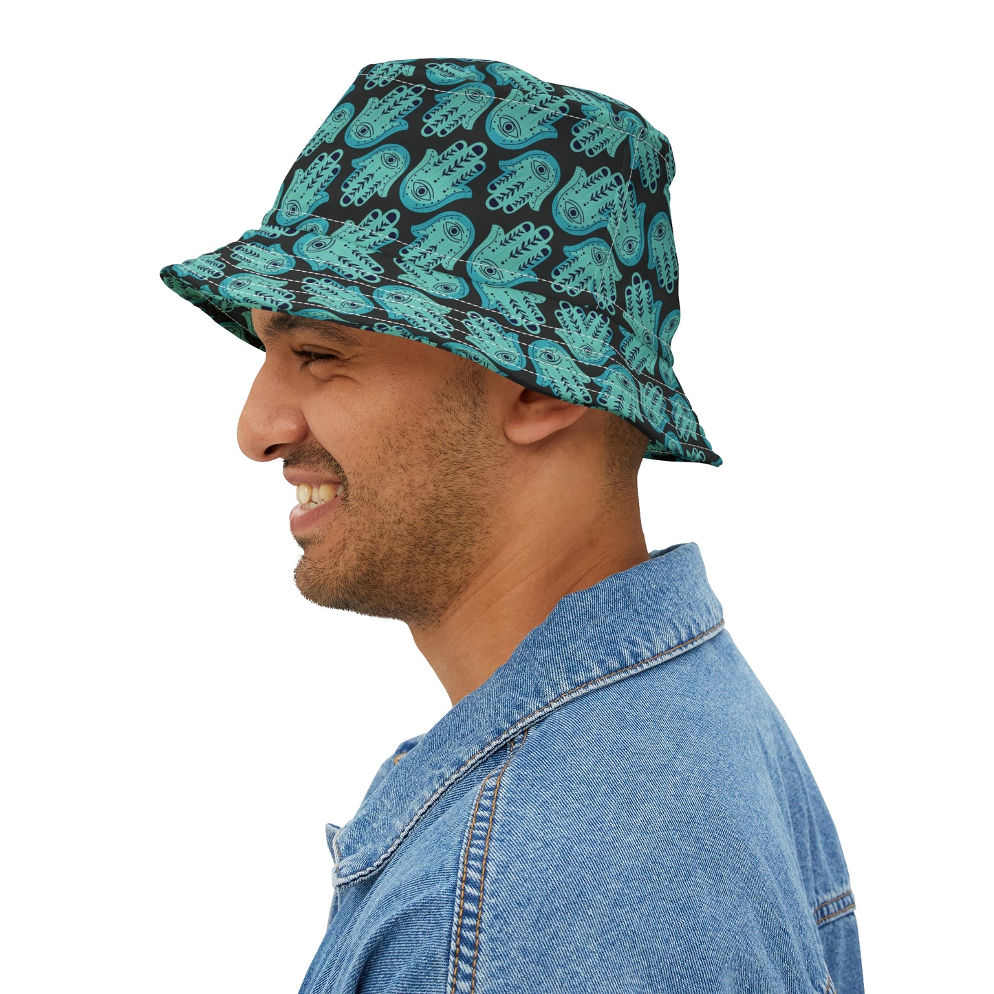 Hannah Bright Turquoise Hamsa Pattern Bucket Hat