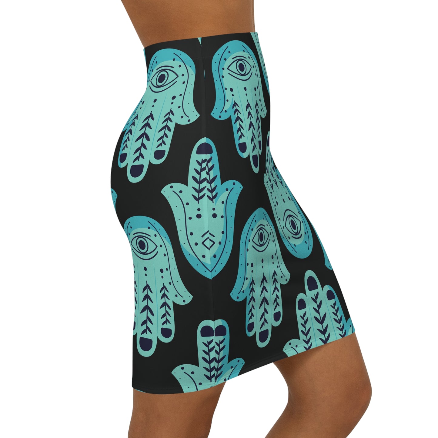 Hannah Bright Turquoise Big Hamsa Pattern Women's Mid-Waist Pencil Skirt