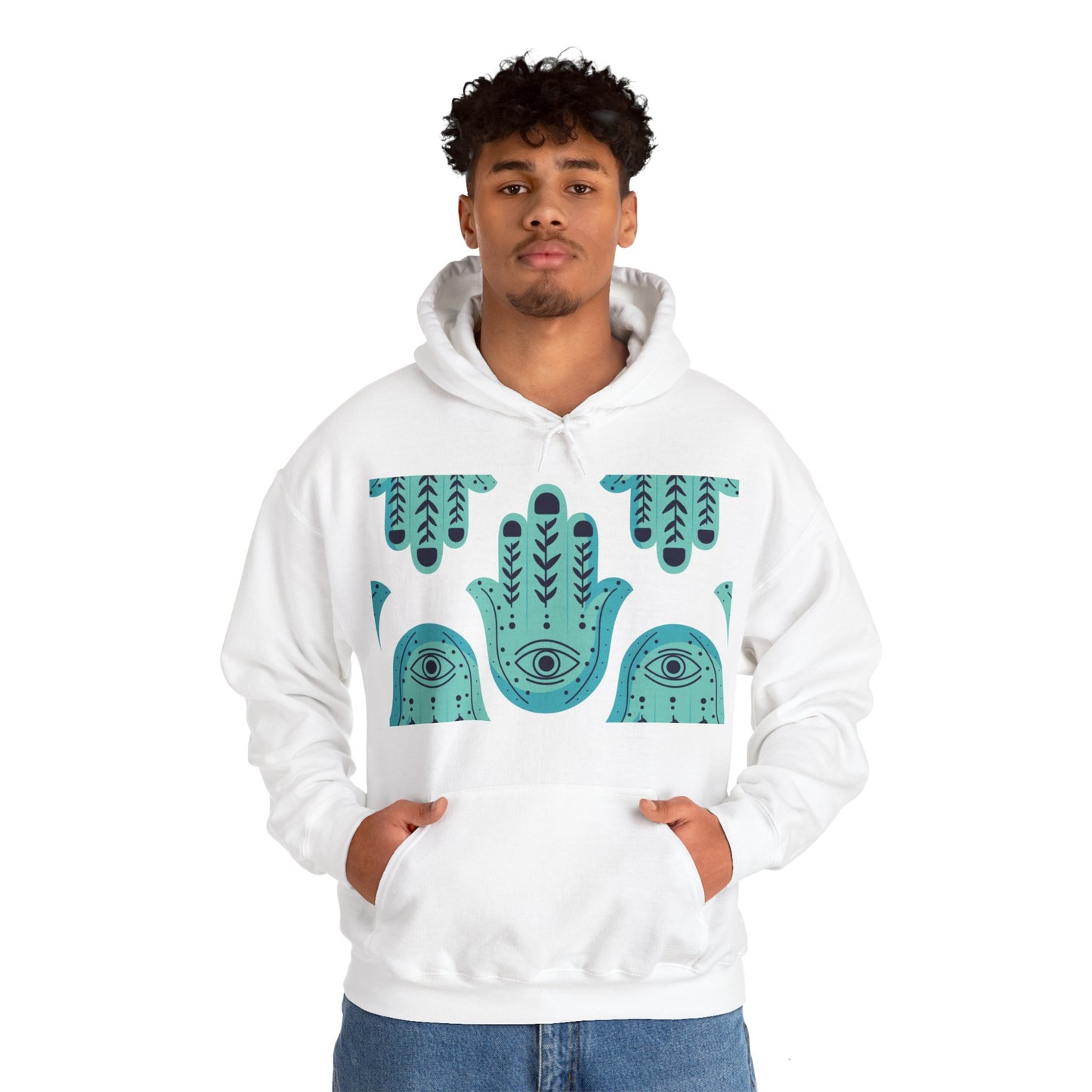 Hannah Bright Turquoise Hamsa Design Unisex Heavy Blend™ Hooded Sweatshirt