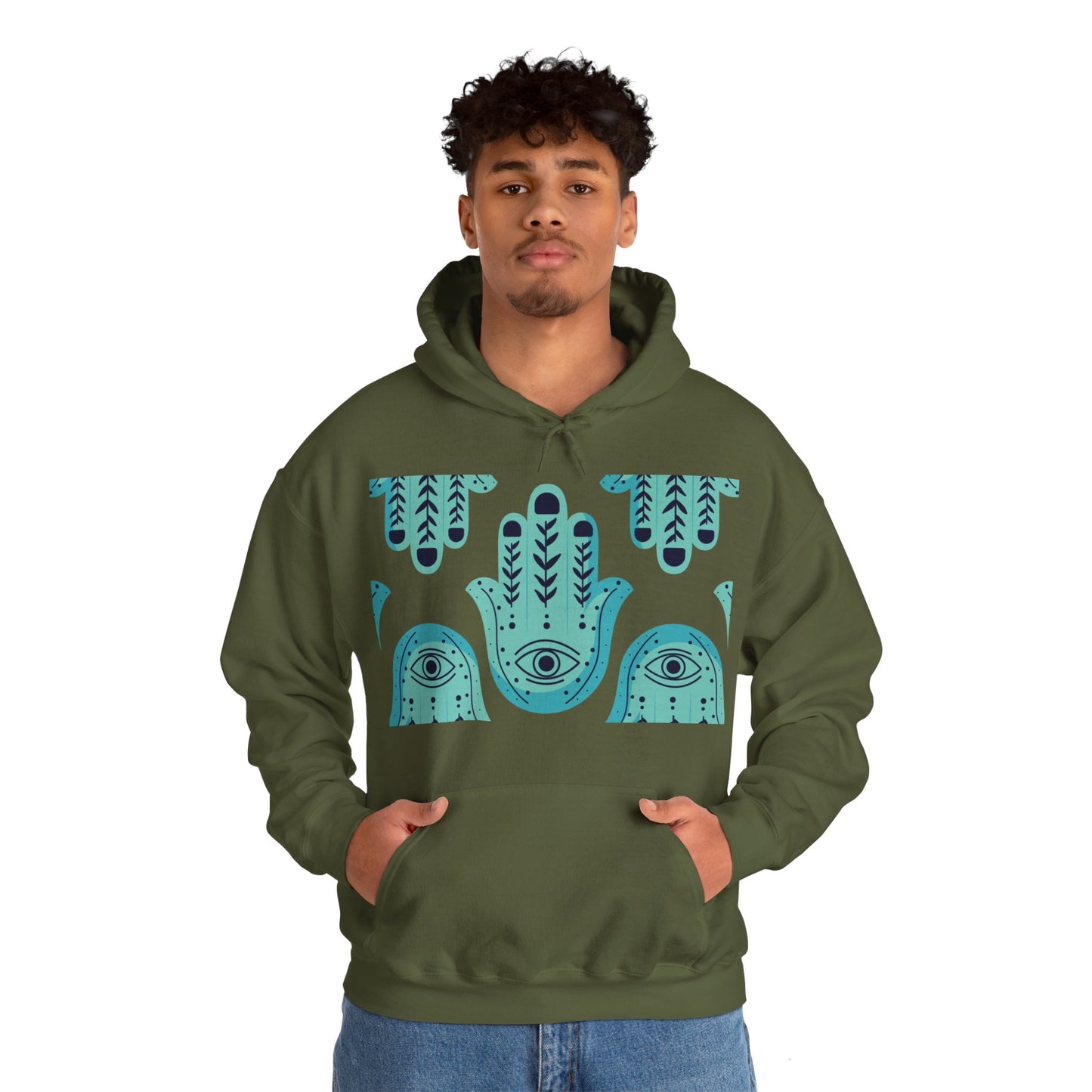 Hannah Bright Turquoise Hamsa Design Unisex Heavy Blend™ Hooded Sweatshirt