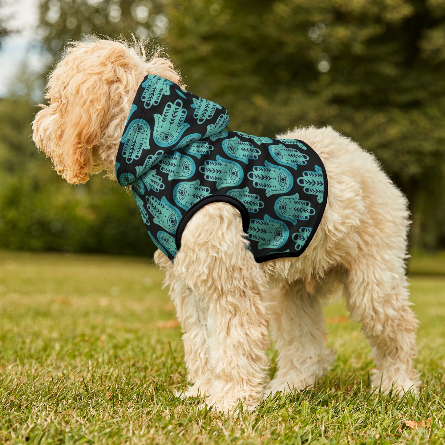 Hannah Bright Turquoise Hamsa Pattern Pet Hoodie